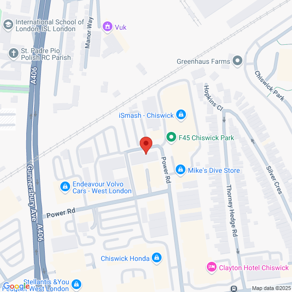 Map of Volvo Cars West London located in 115 Power Road
 Chiswick LONDON, W4 5PY