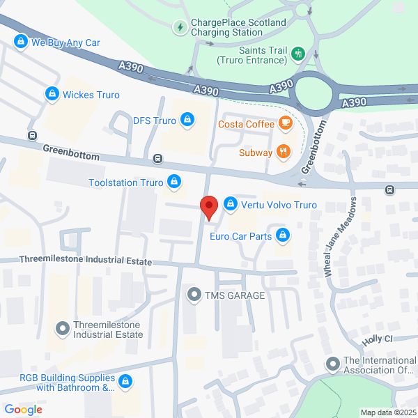 Map of Vertu Volvo Truro located in Threemilestone Industrial Estate TRURO, TR4 9LD