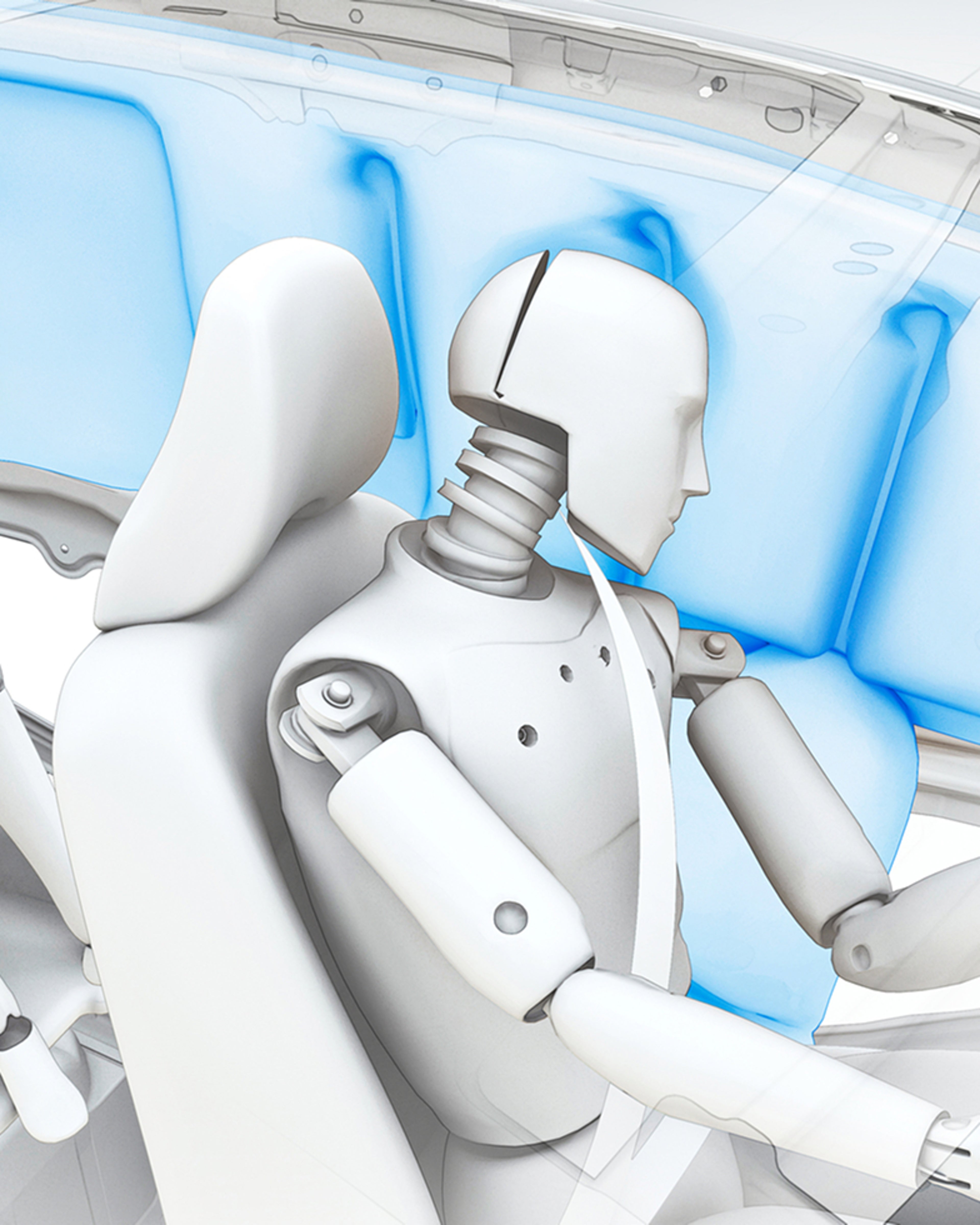 A visual render of a crash test dummy seated inside a vehicle with blue inflatable curtain airbags deployed.