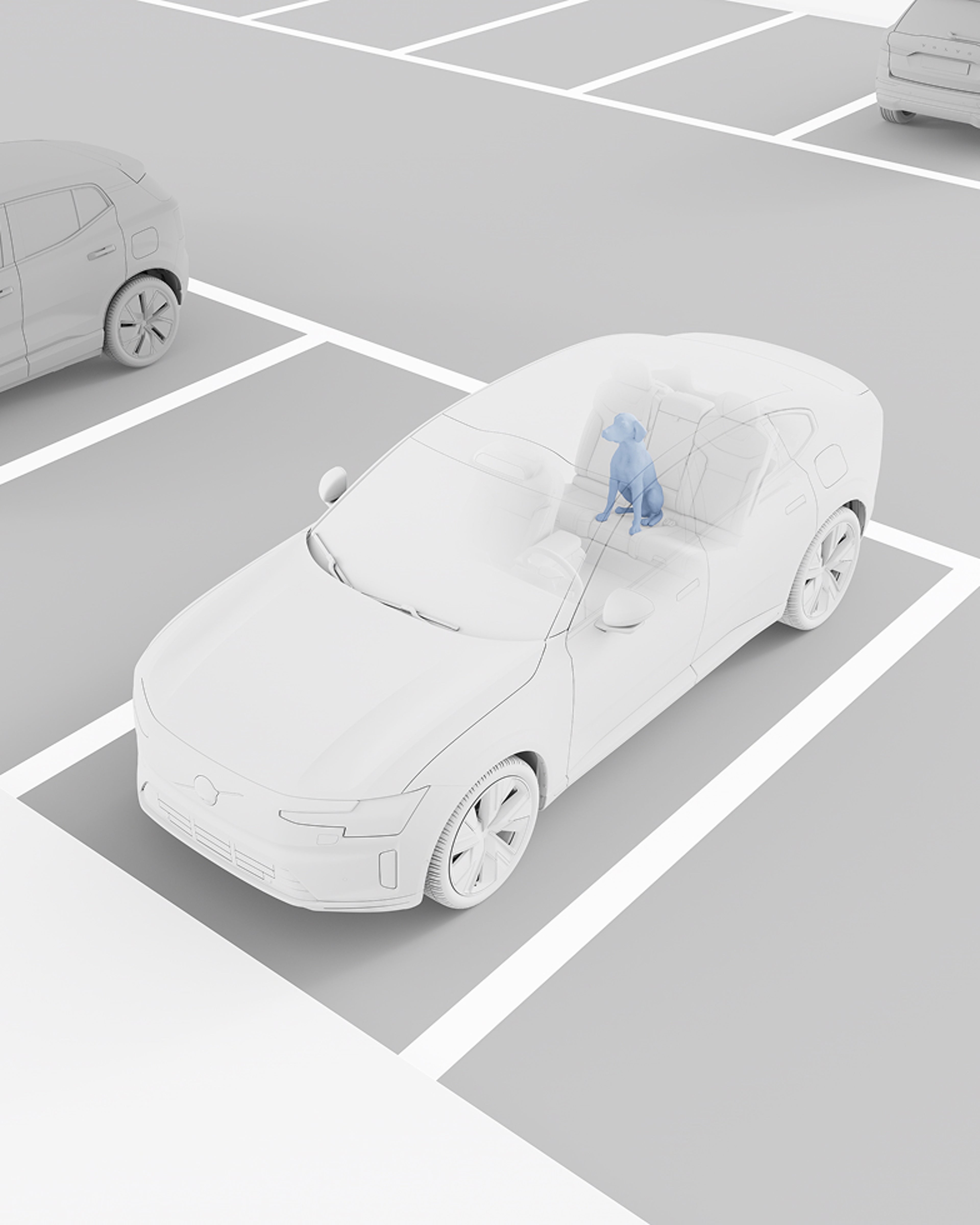 Top down clay visualisation of a white Volvo parked in a parking space, with a blue digital render of a dog sitting in the rear seat.
