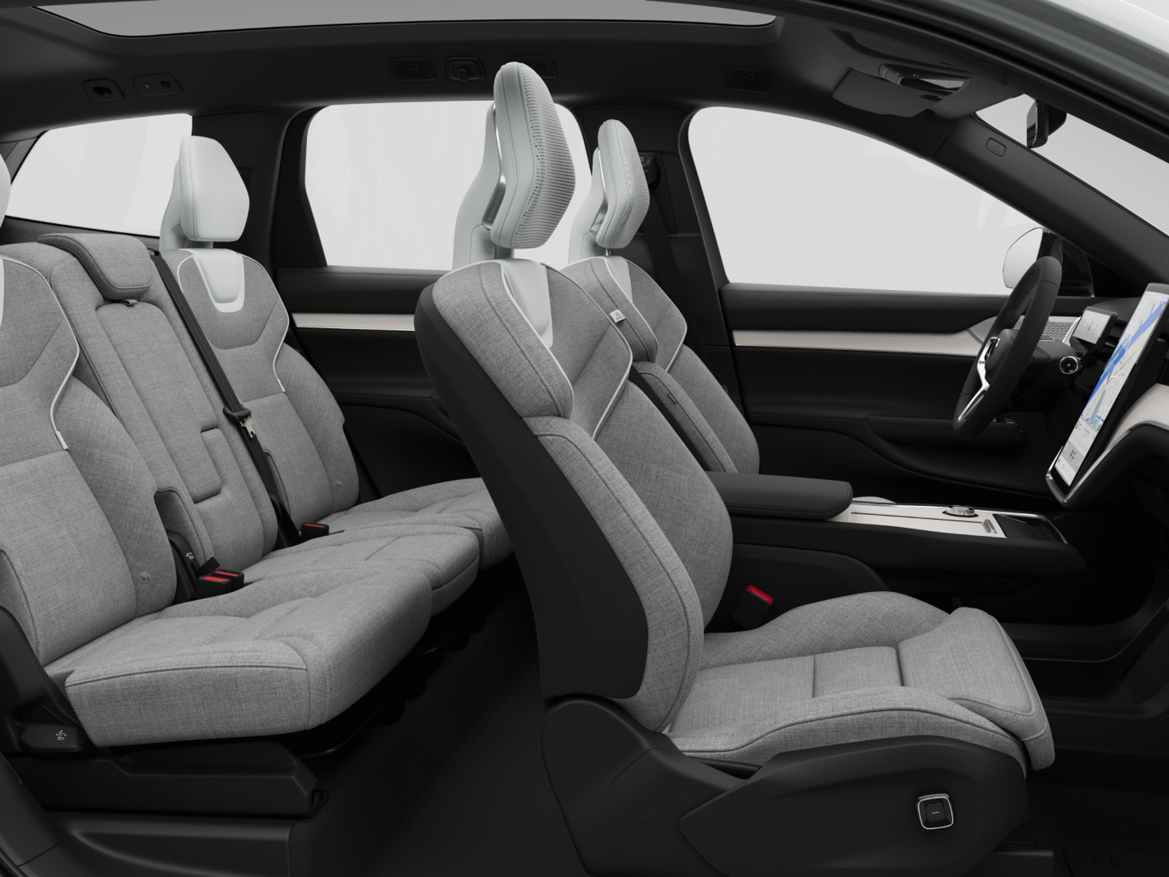 Vista lateral do interior do Volvo EX90 com bancos em mistura de lã numa configuração de sete lugares.