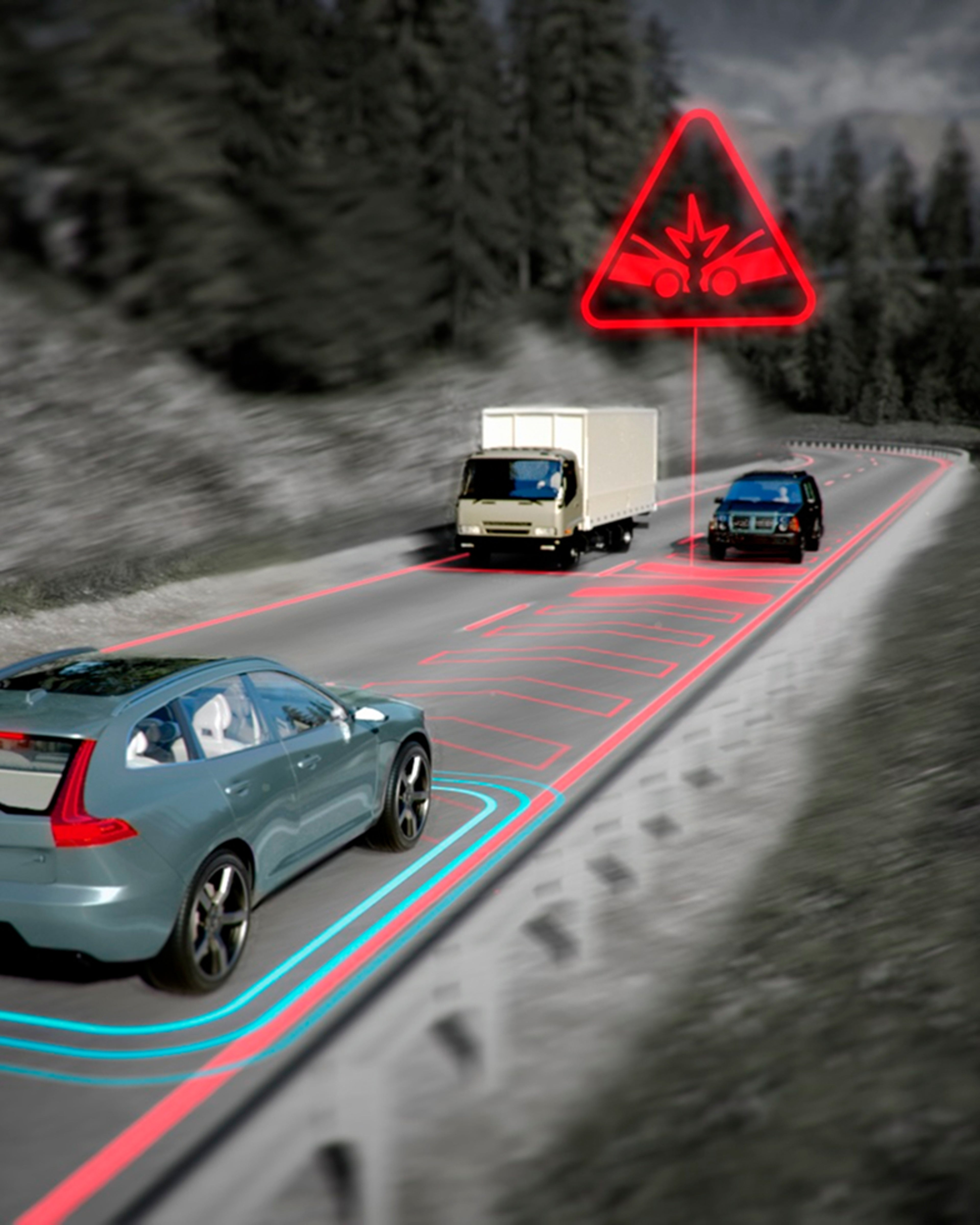 Digital illustration of a Volvo SUV driving on a two-lane road with highlighted braking and lane markings, showing a red warning symbol ahead for a potential collision with oncoming vehicles.