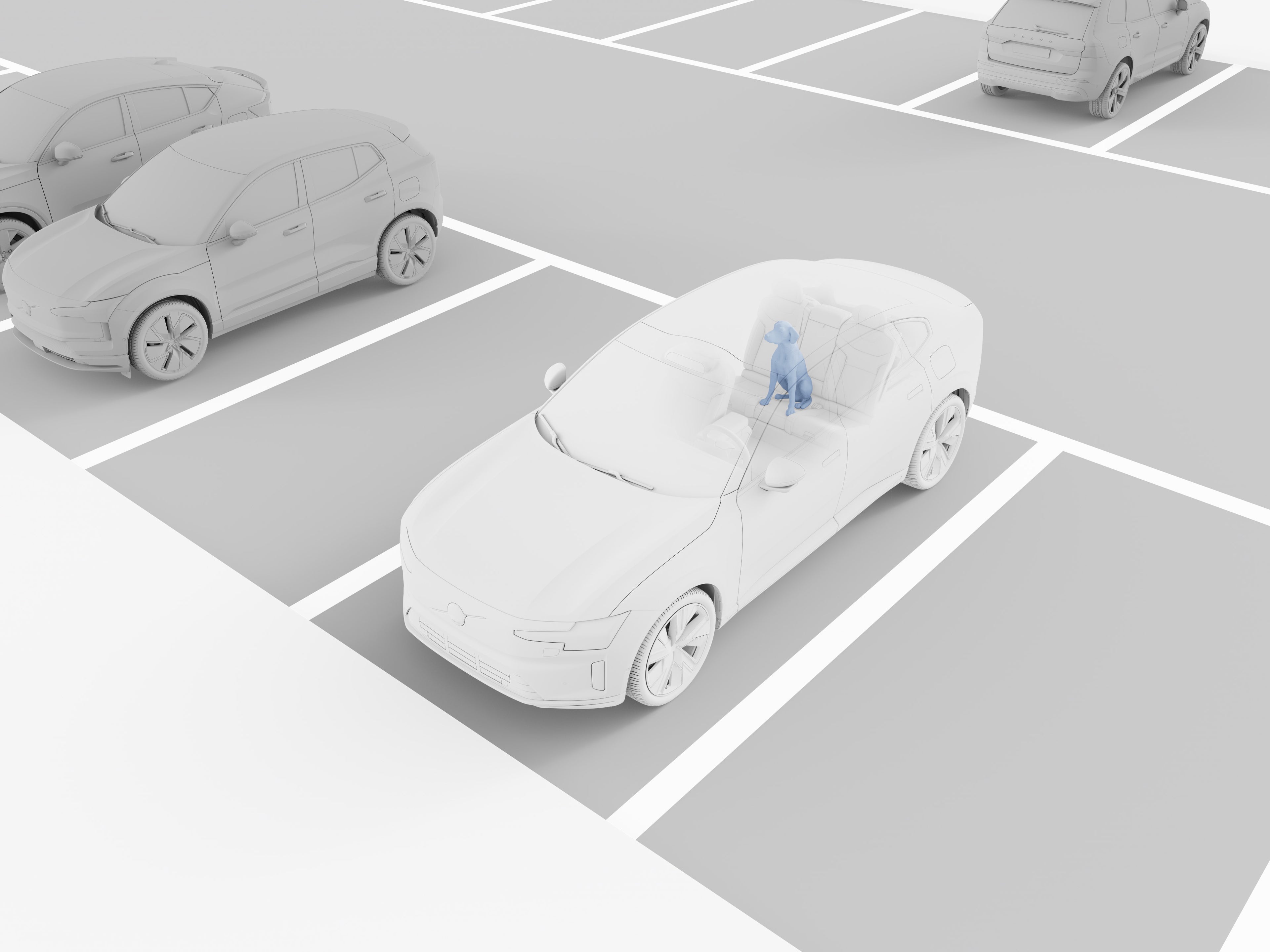 Lervisualisering af en bil fra Volvo parkeret på en parkeringsplads. Inde i bilen sidder en blå hund på midtersædet.