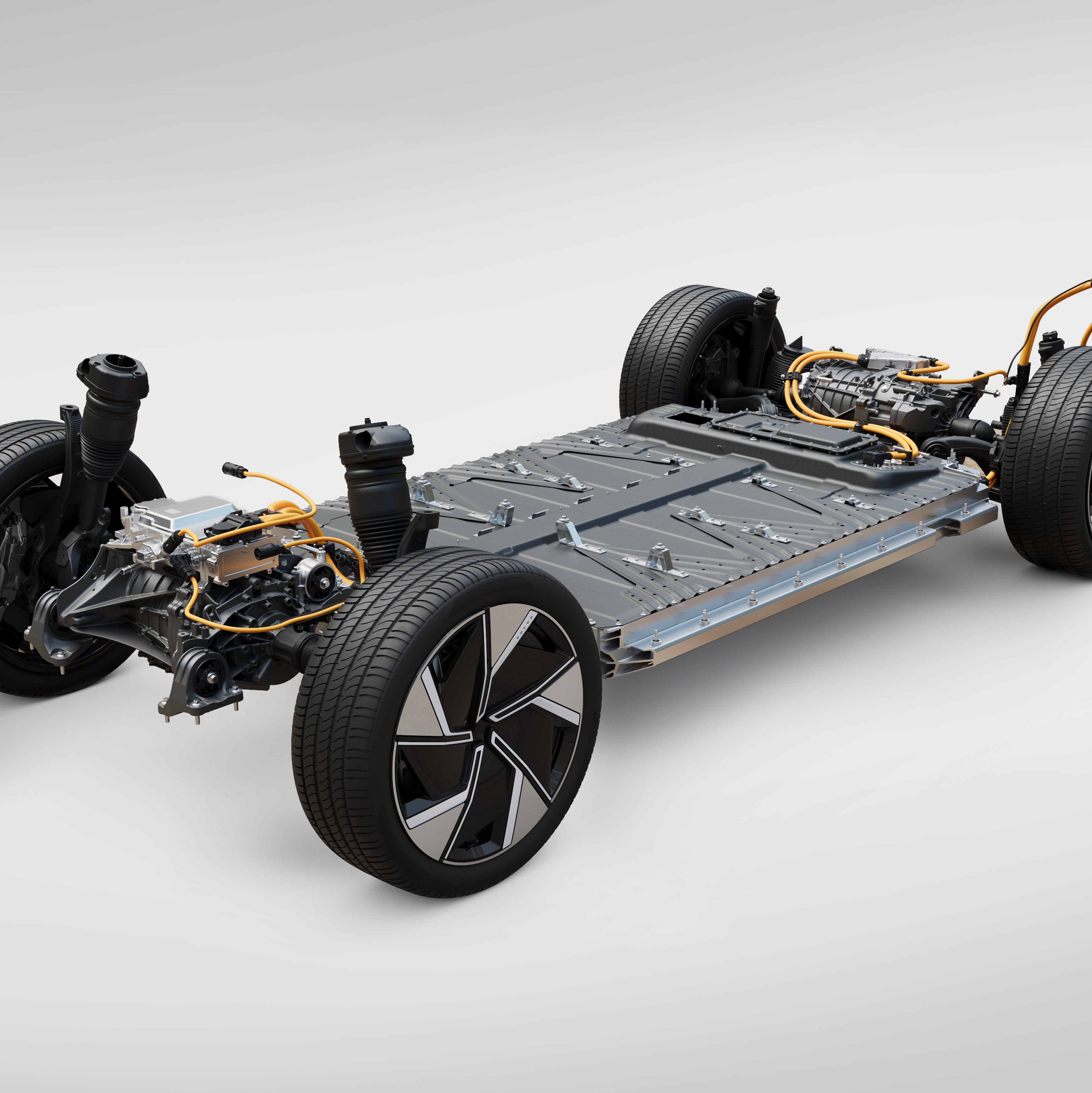 Minimalist 3D render of an electric car charging at a wall-mounted charger outside a house with the lights on inside.