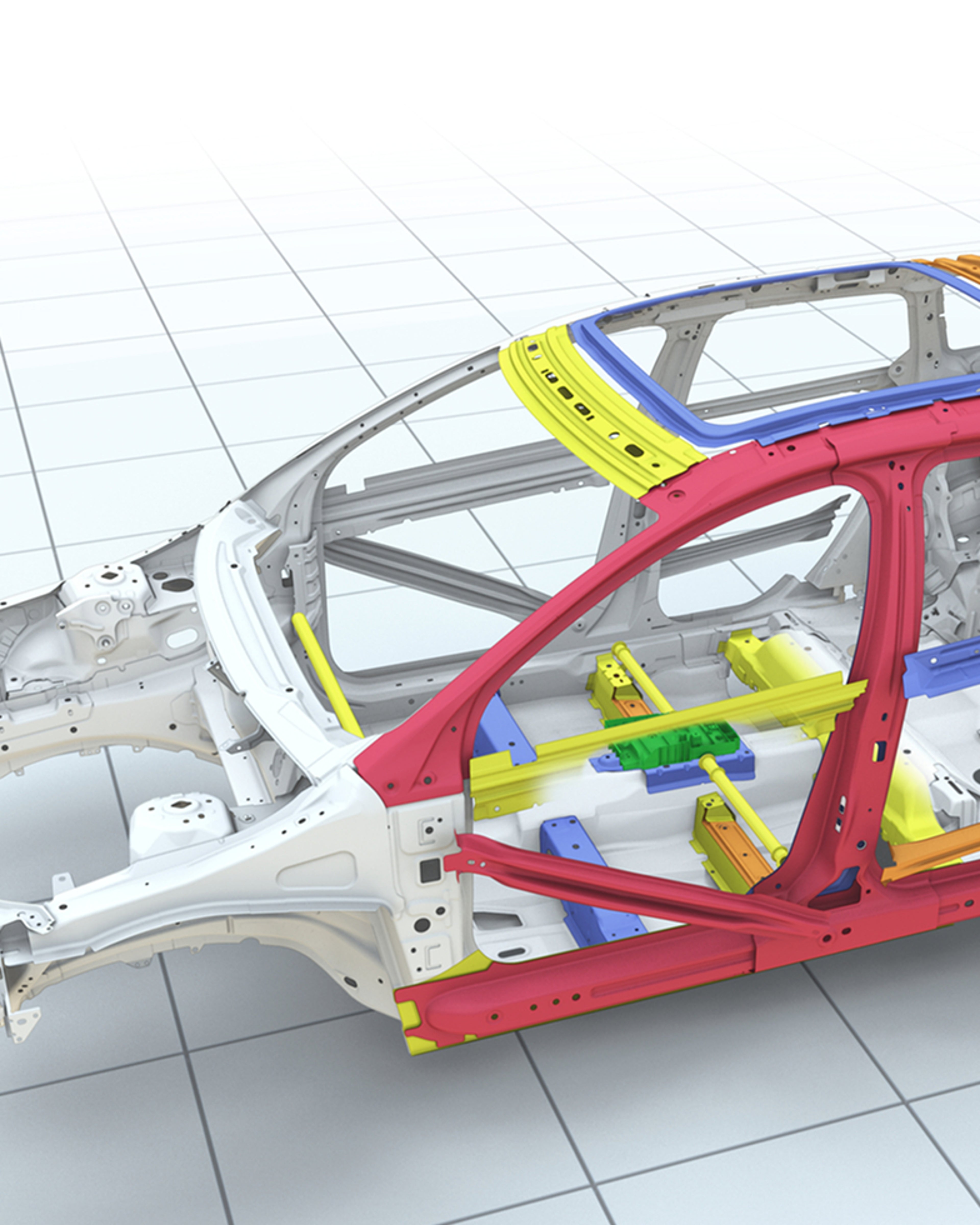 A partially assembled car frame with reinforced coloured sections, illustrating the 1991 Side Impact Protection System (SIPS) designed by Volvo.