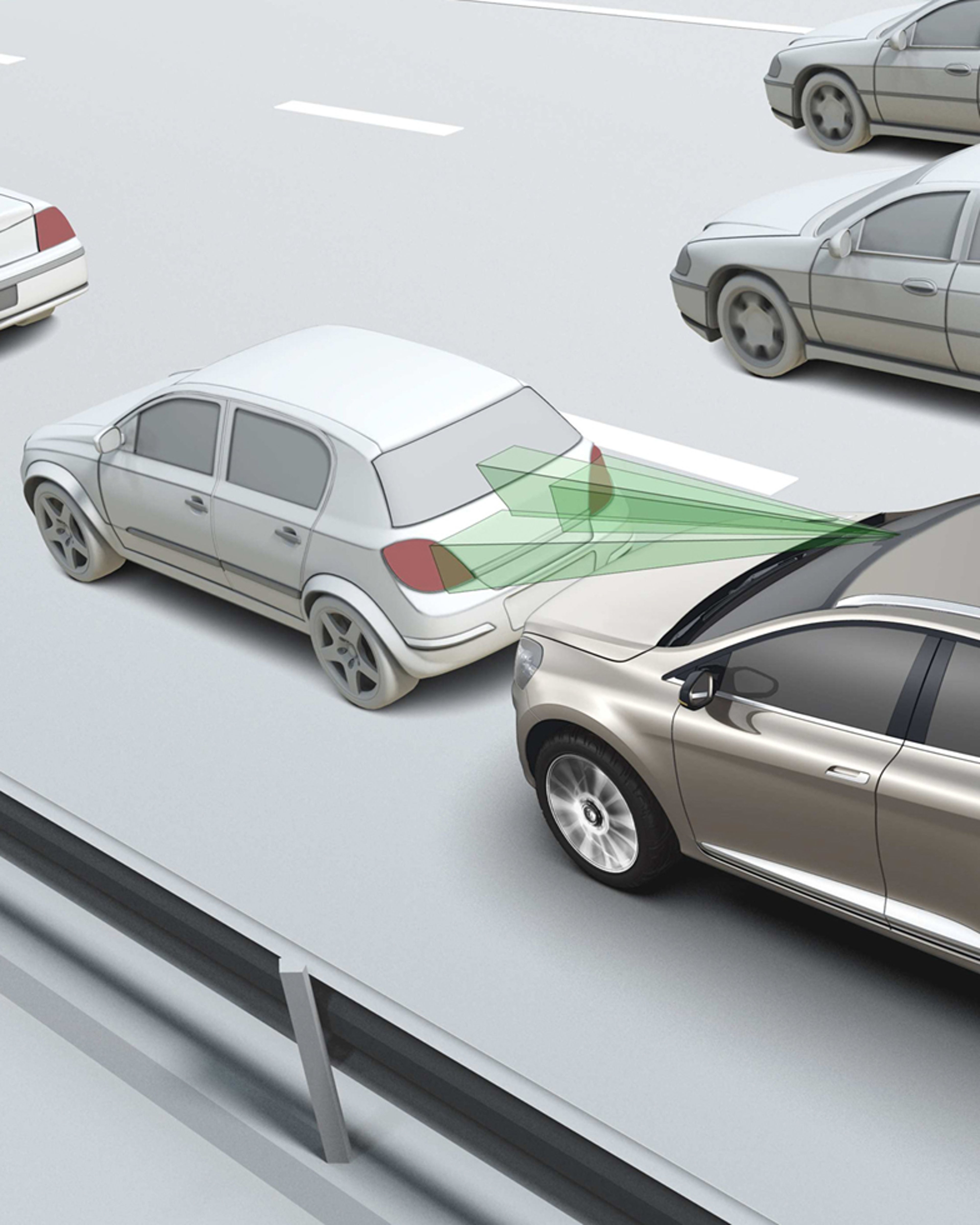Illustration of a Volvo XC60 using laser detection technology to monitor the distance from a car ahead on a multi-lane road.