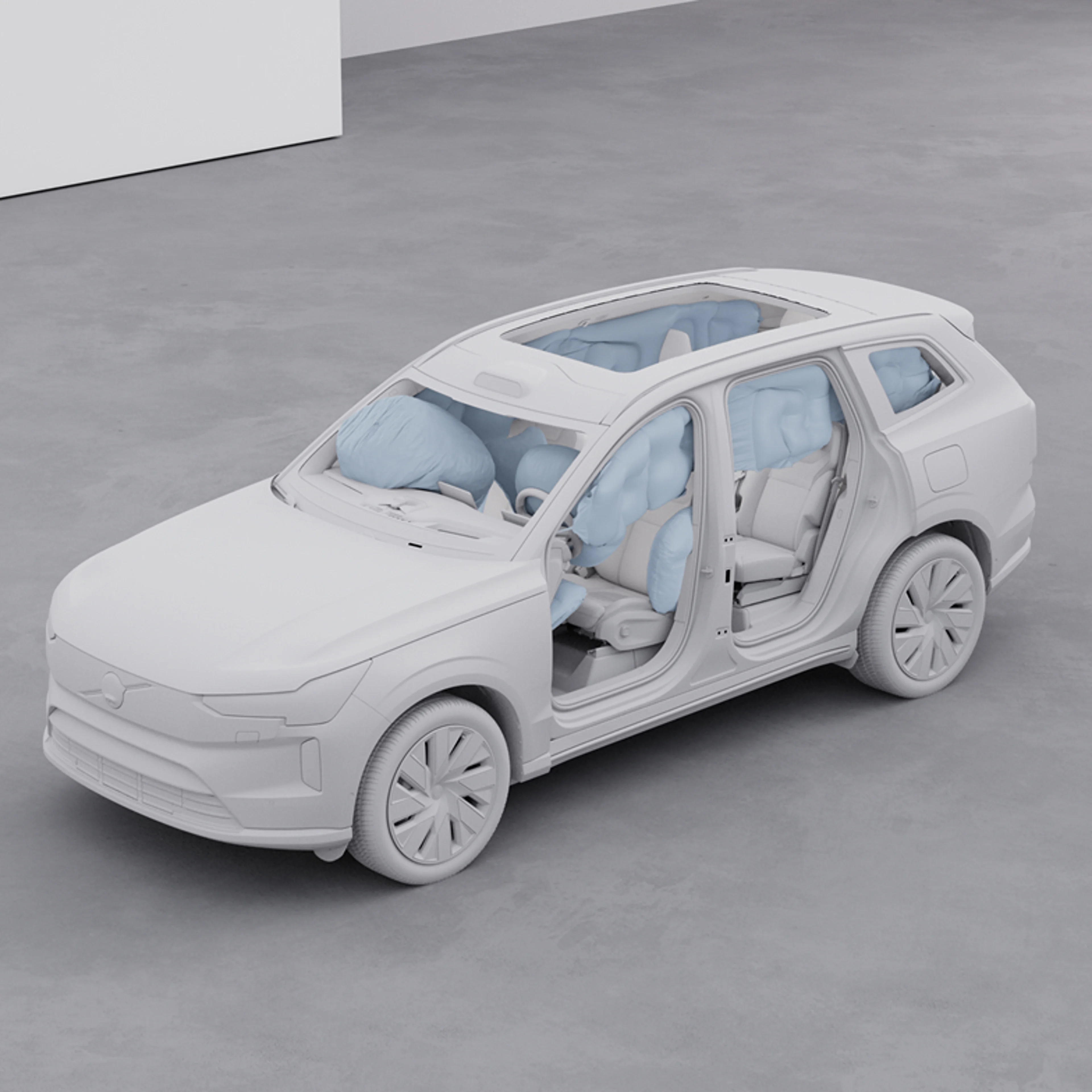 Clay visualisation top-side view of a Volvo SUV with airbags deployed.