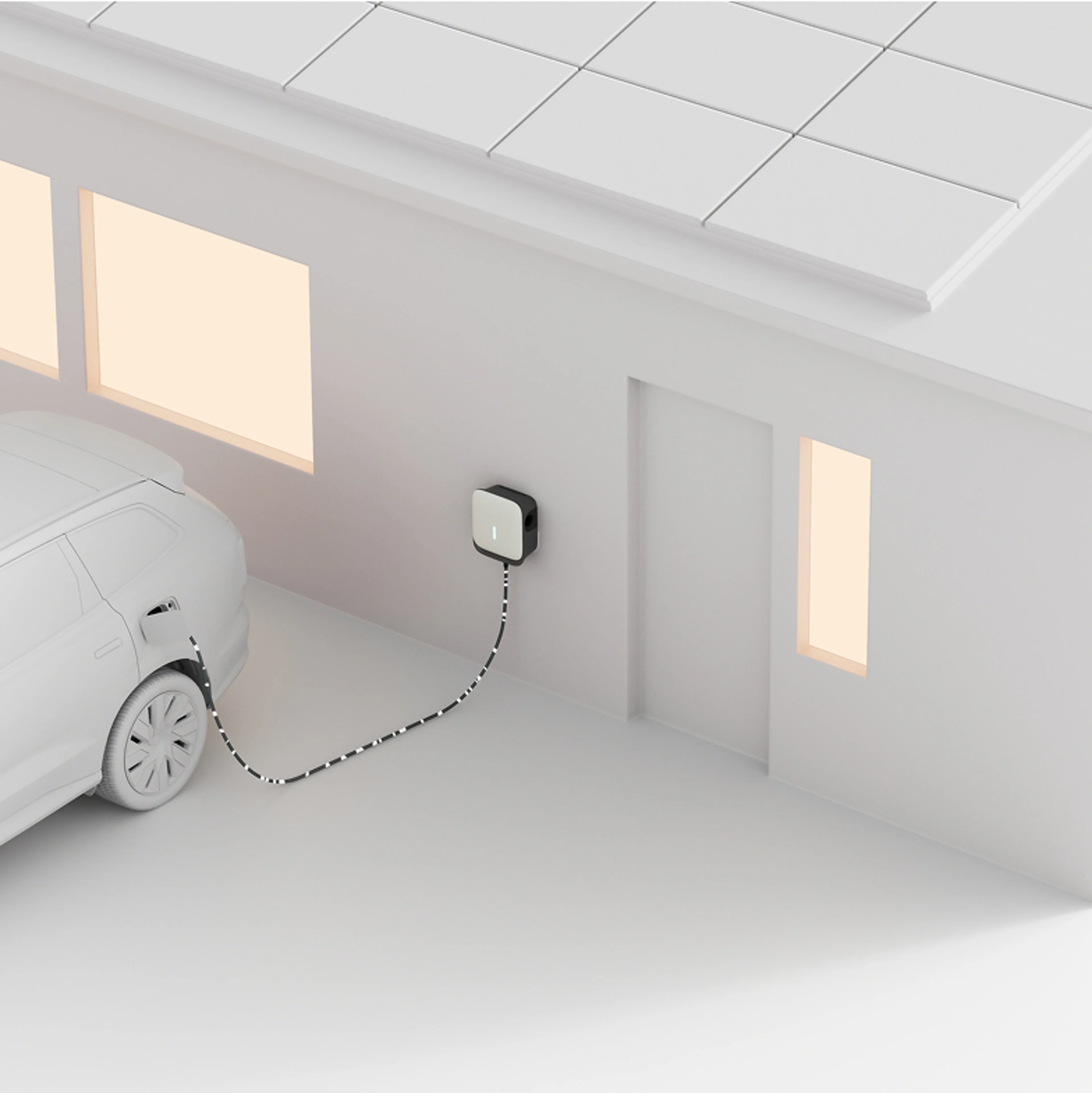 Minimalist 3D render of an electric car charging at a wall-mounted charger outside a house with the lights on inside.