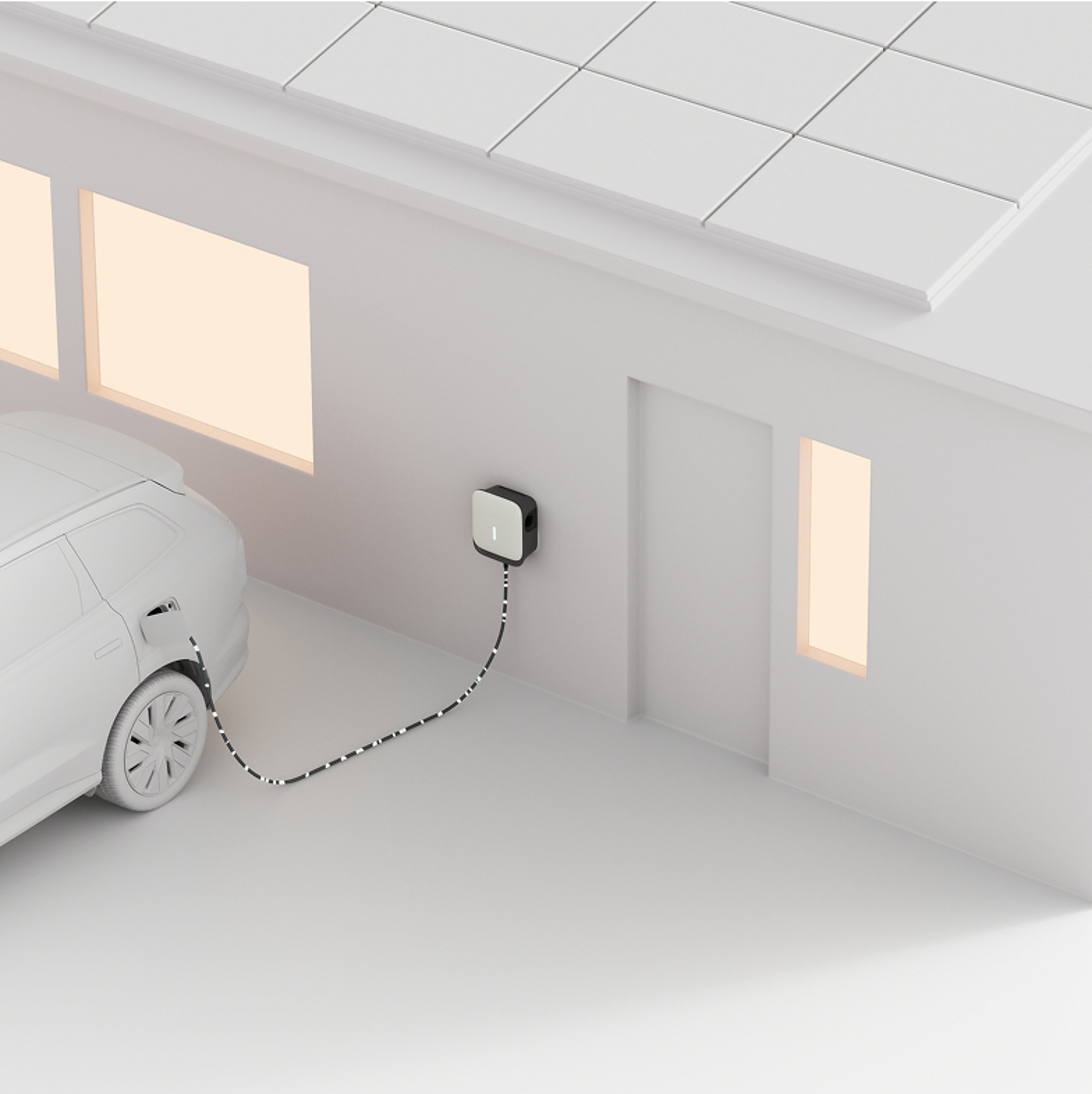 Minimalistyczny render 3D samochodu elektrycznego ładującego się na ładowarce naściennej przed domem z włączonymi światłami wewnątrz.