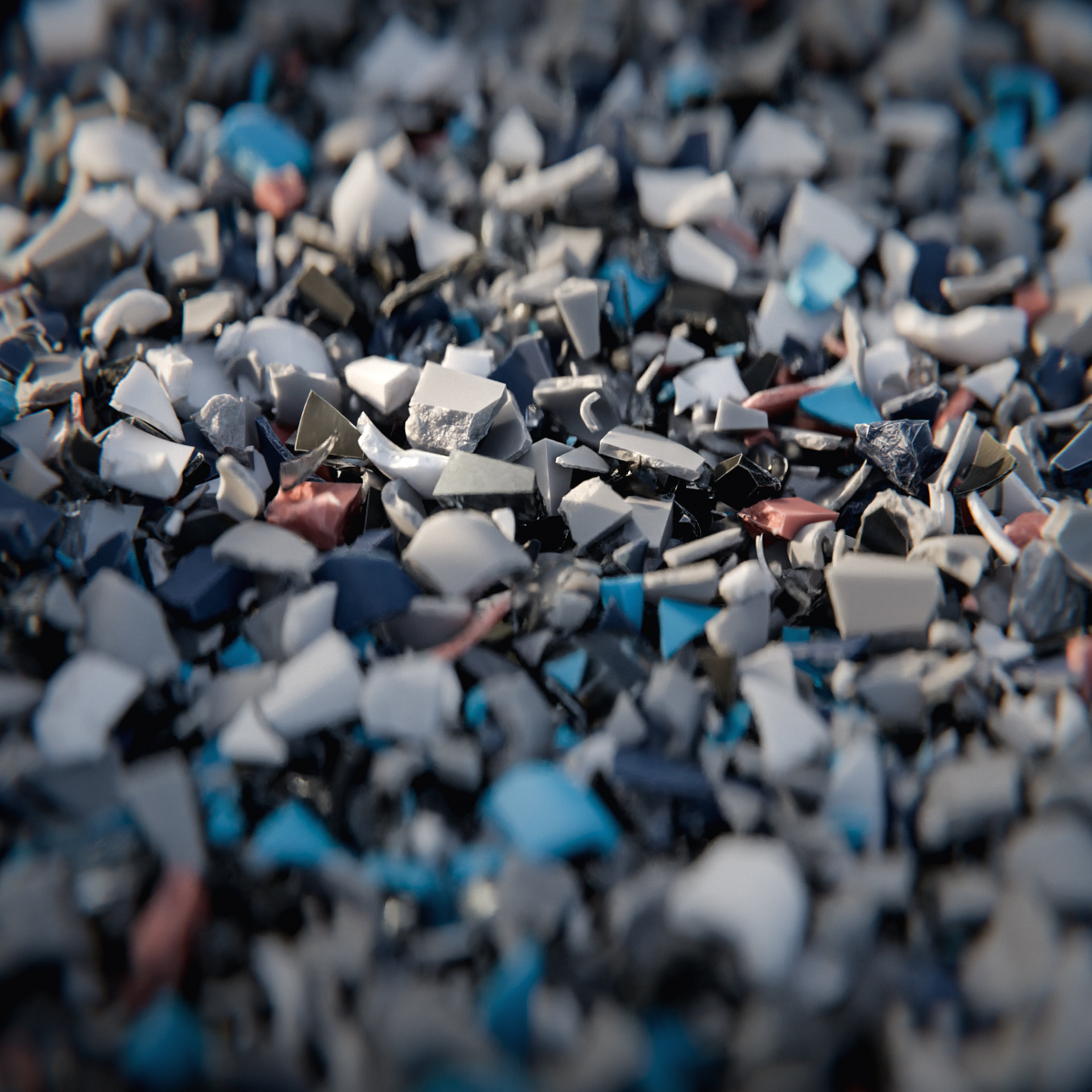 صورة لرقائق بلاستيكية صغيرة مستخدمة في ديكور فولفو البلاستيكي المعاد تدويره، والتي تم الحصول عليها من إطارات النوافذ البلاستيكية المهملة والستائر الدوارة، والتي تم تحويلها إلى جزيئات للأجزاء الداخلية للسيارة.