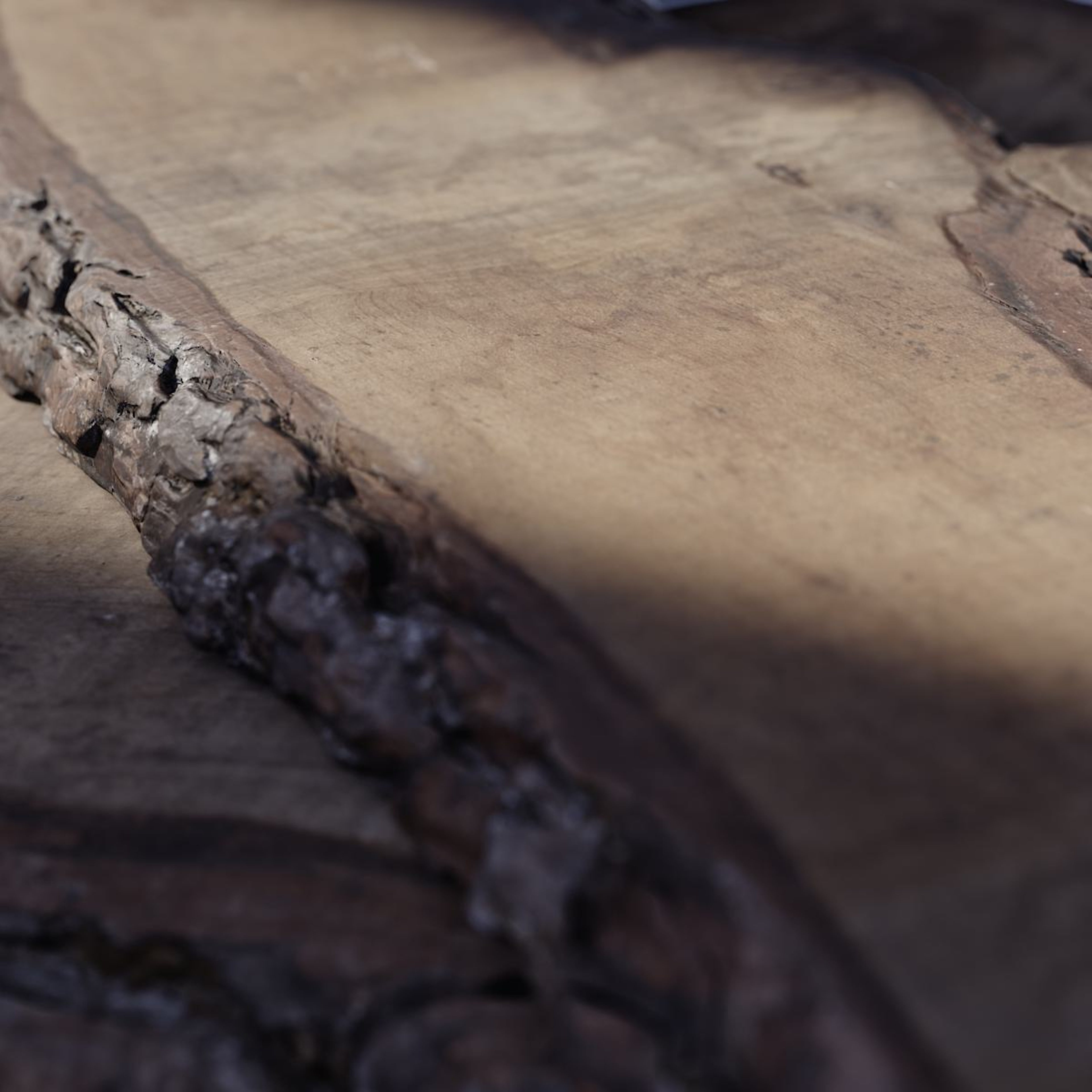 صورة مقربة لسطح خشبي بأنماط محببة طبيعية وحافة خشنة مرئية، تمثل الخشب من مصادر مستدامة المستخدم في التصميمات الداخلية للسيارة.