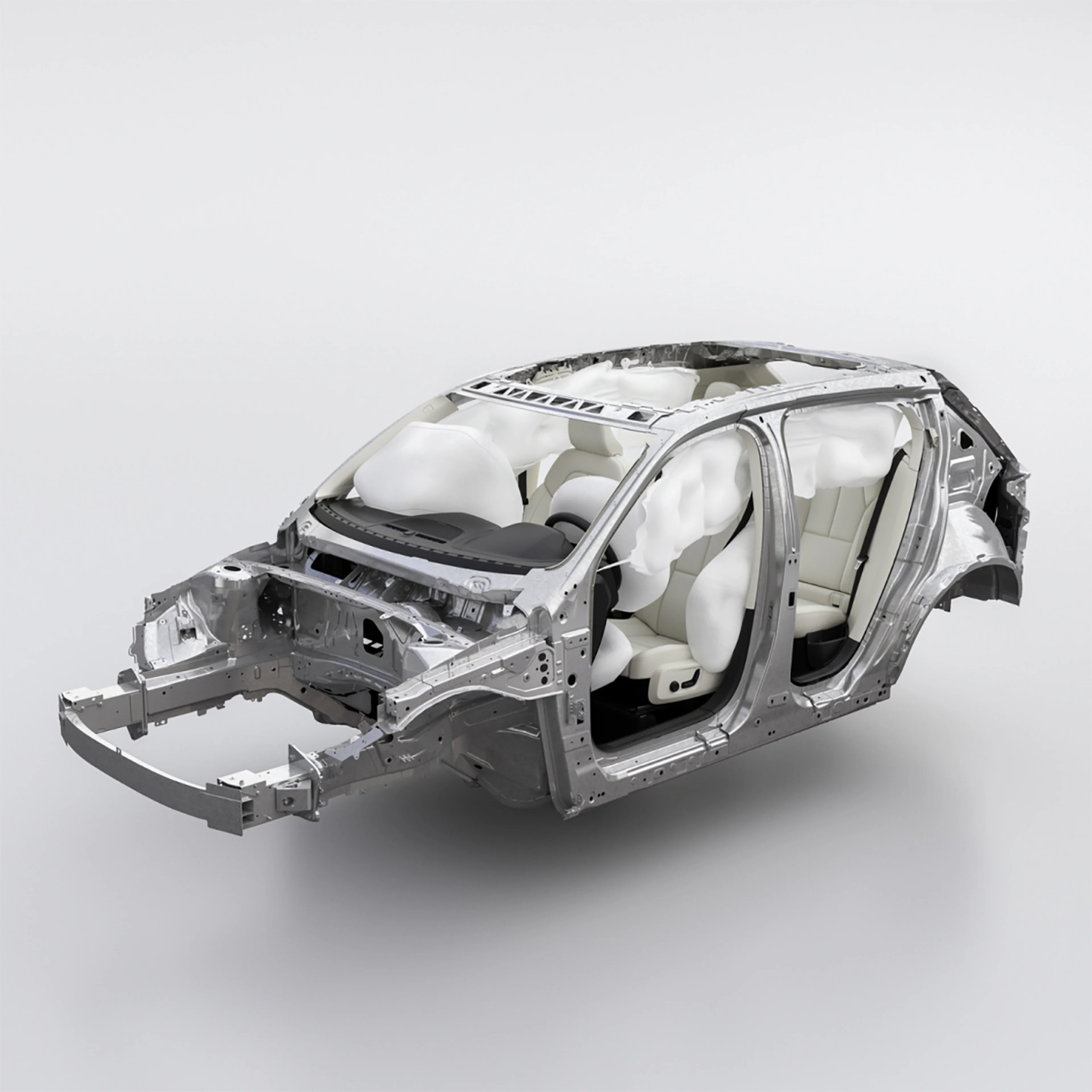 Chassis view of a car with airbags deployed.