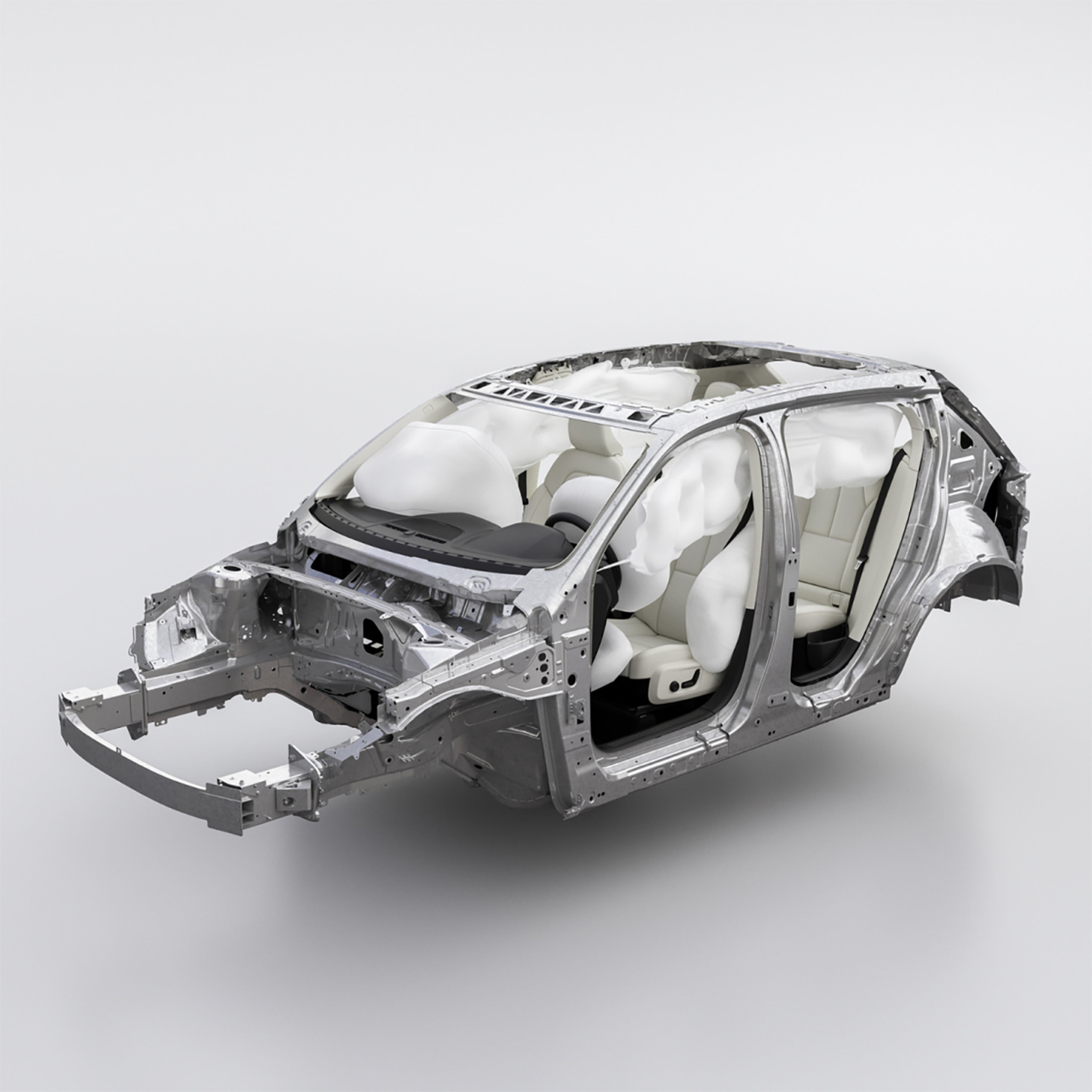 Tampilan sasis mobil dengan airbag yang diaktifkan.