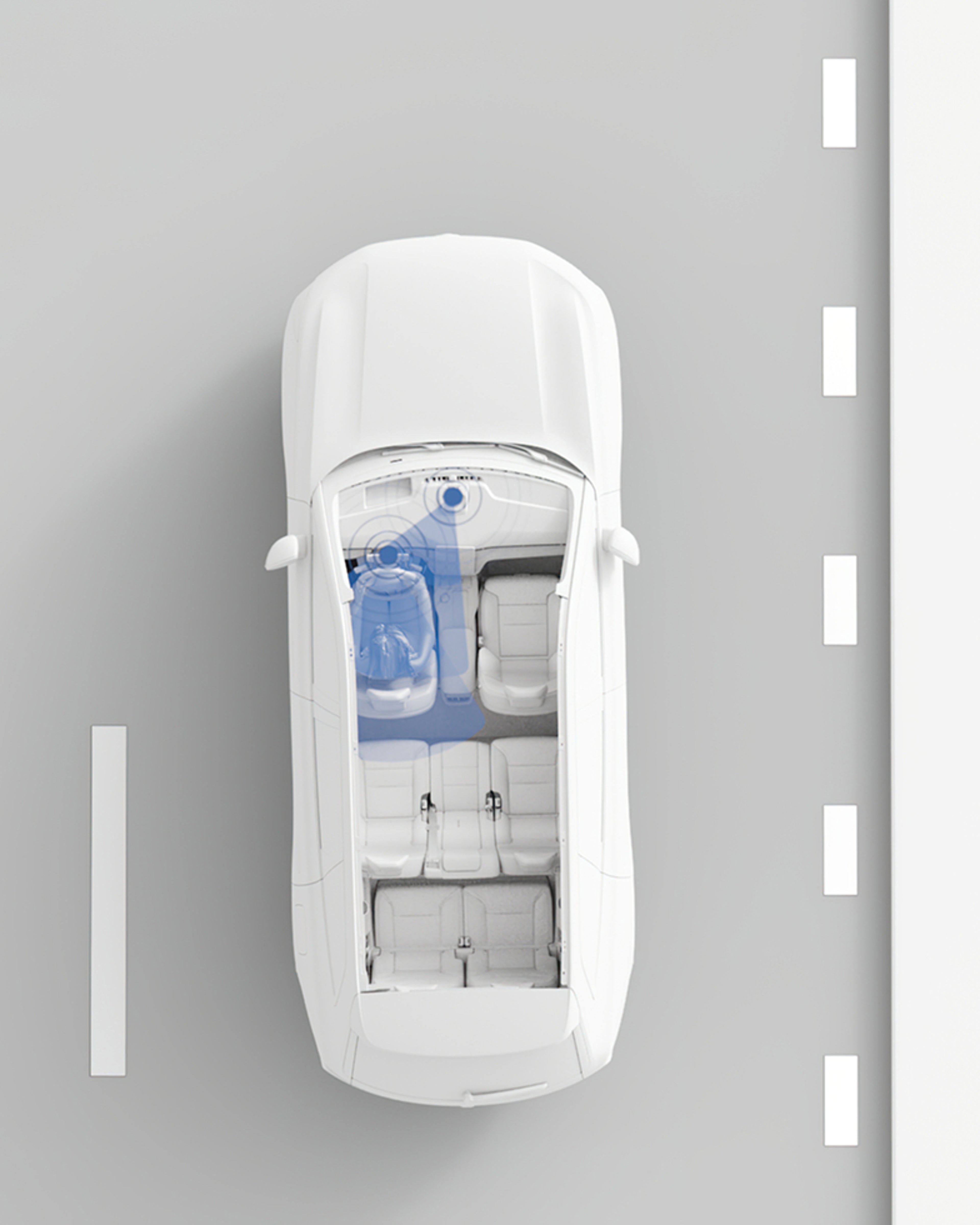 Top-down clay visualisation of a white Volvo driving on a road, with a blue overlay highlighting the driver understanding system monitoring the driver's position.