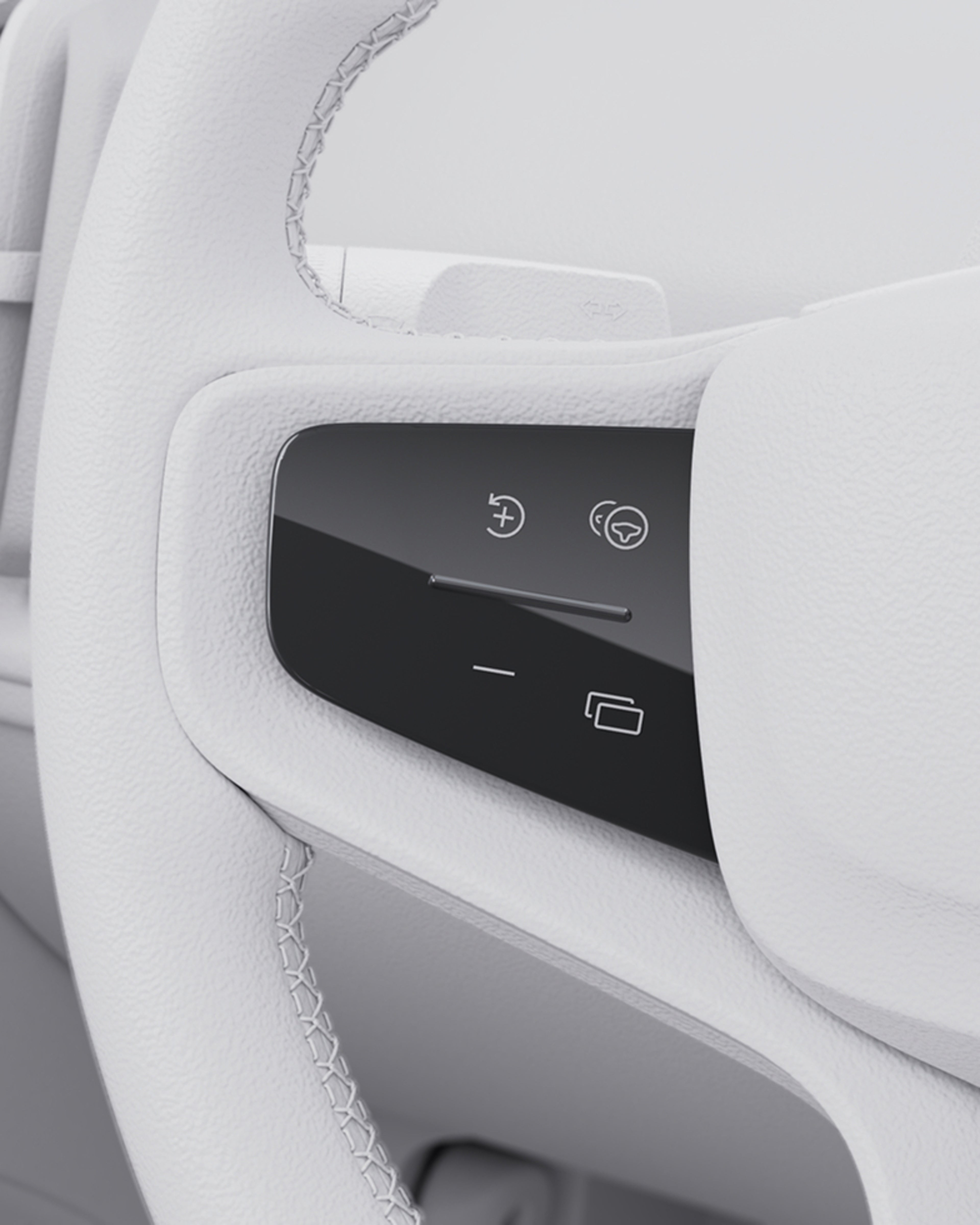Digital render close-up image of a Volvo steering wheel showing the built-in buttons.