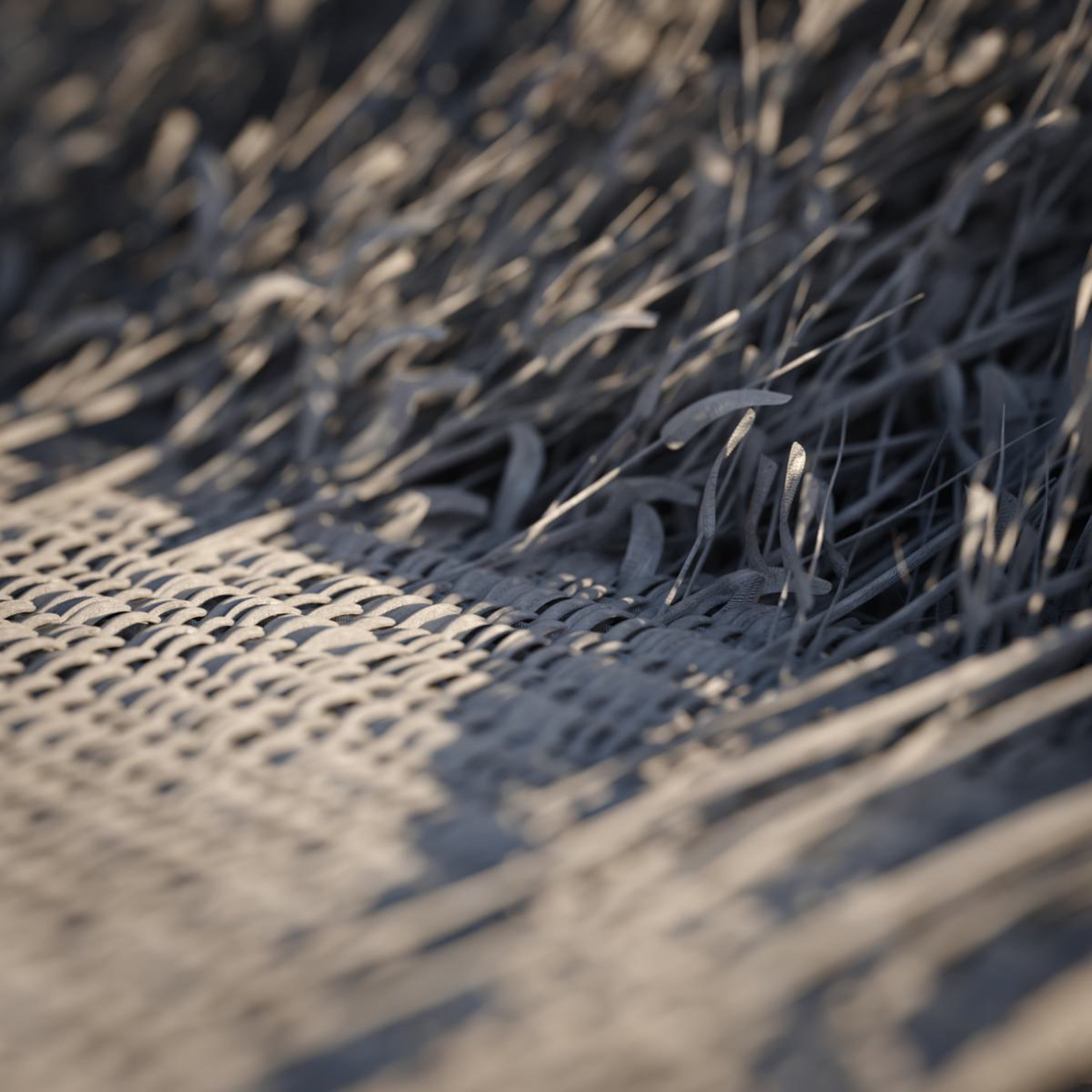 لقطة مفصلة لألياف الكتّان، التي يتم الحصول عليها من نباتات بذر الكتّان، المنسوجة في قماش طبيعي. تبرز الصورة الخيوط الدقيقة وتركيبة القماش.