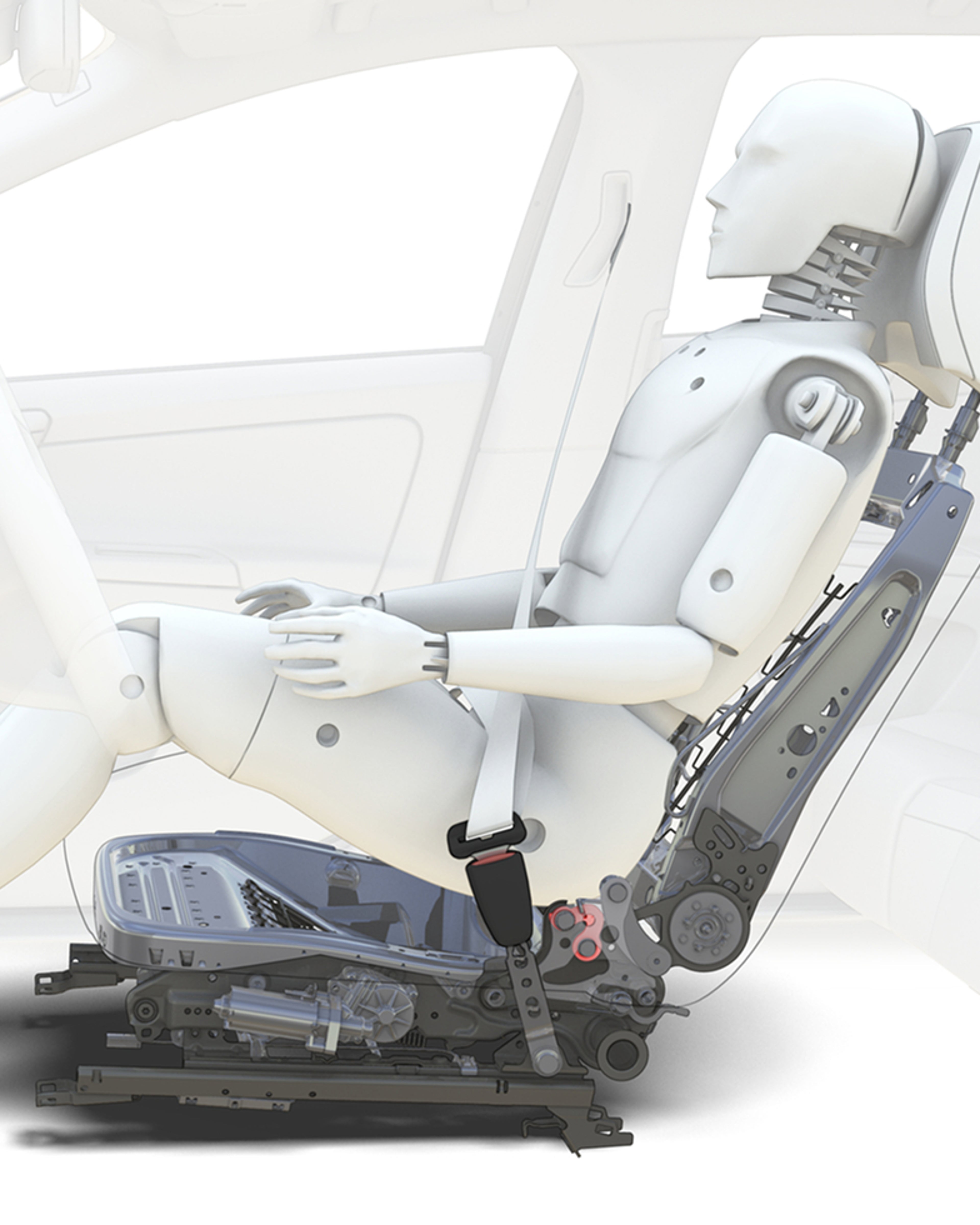 A visual render of a crash test dummy seated in a car with a transparent view of the seat’s internal structure.