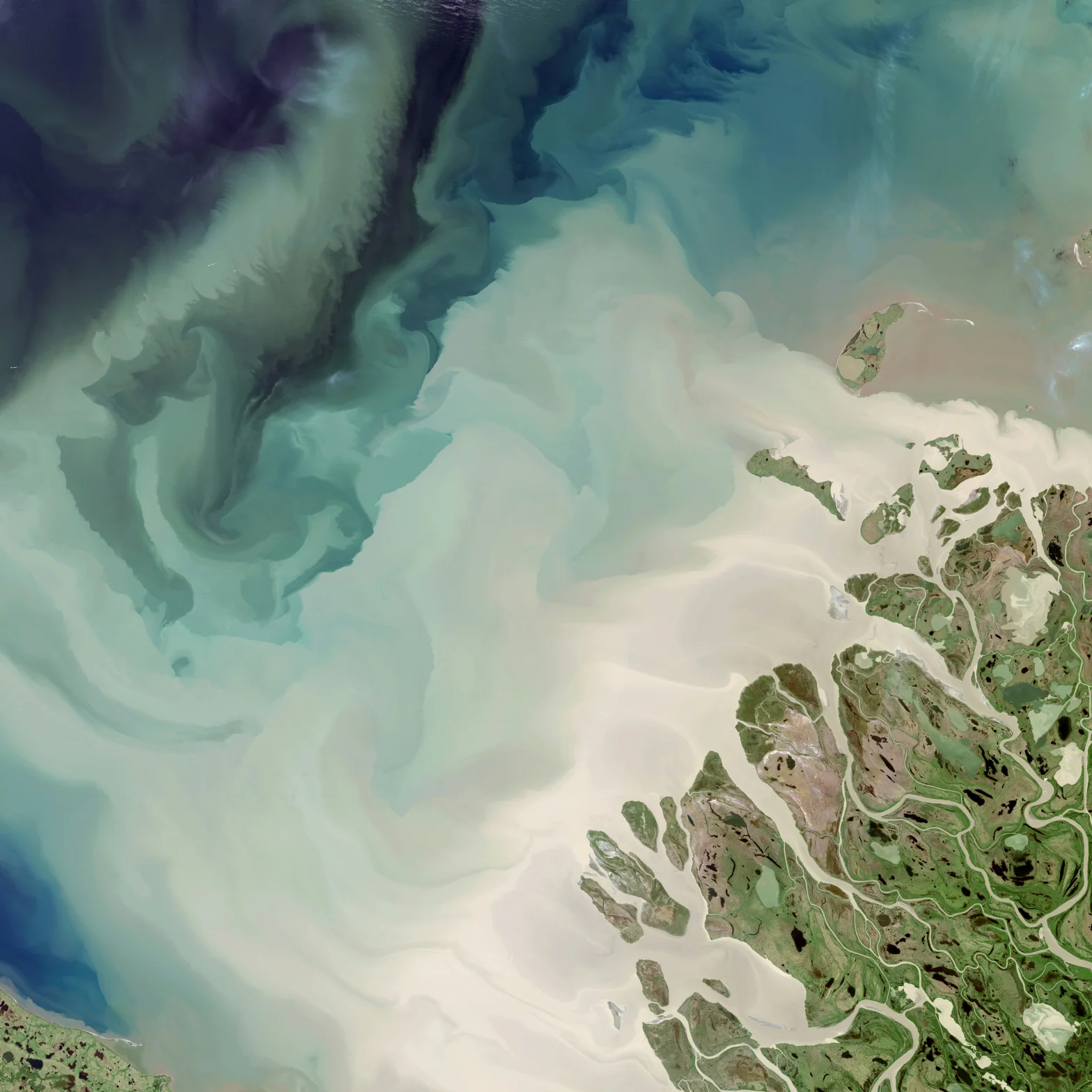 An aerial view of the Mackenzie River in Canada flowing into the Beaufort Sea.
