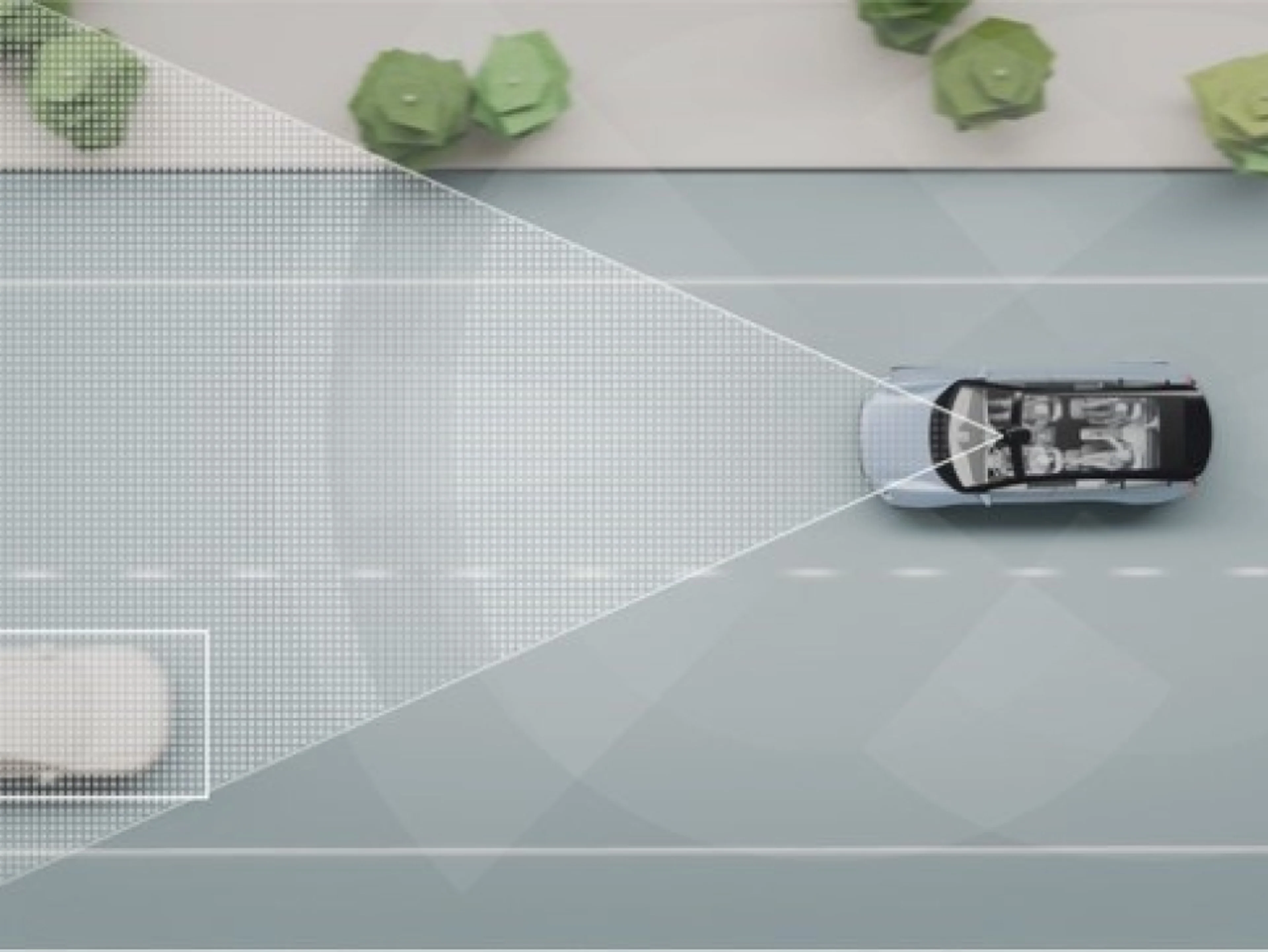 Digital rendering of two cars on a road.