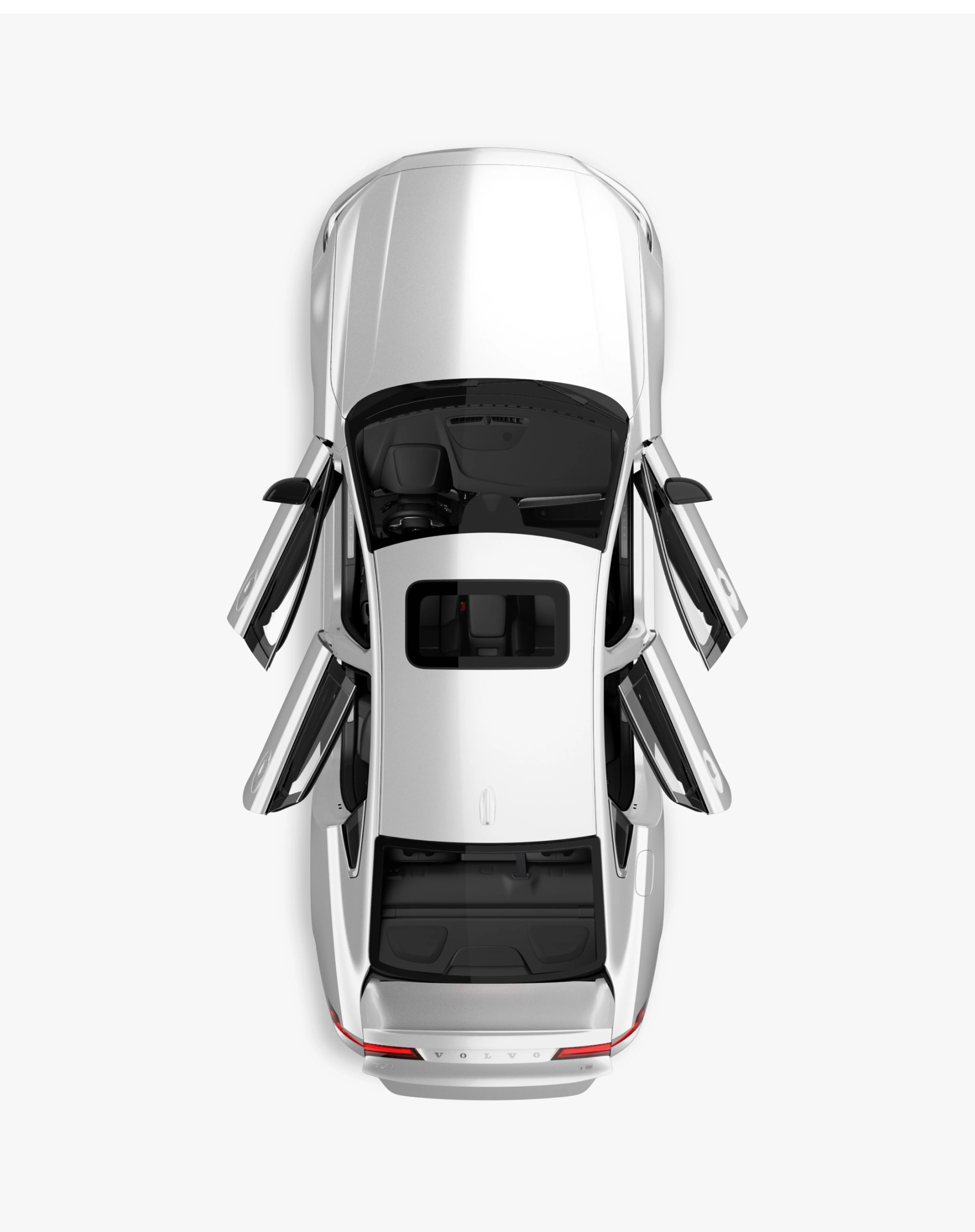 A Volvo Recharge S90 plug-in hybrid seen from directly above with interior visible.