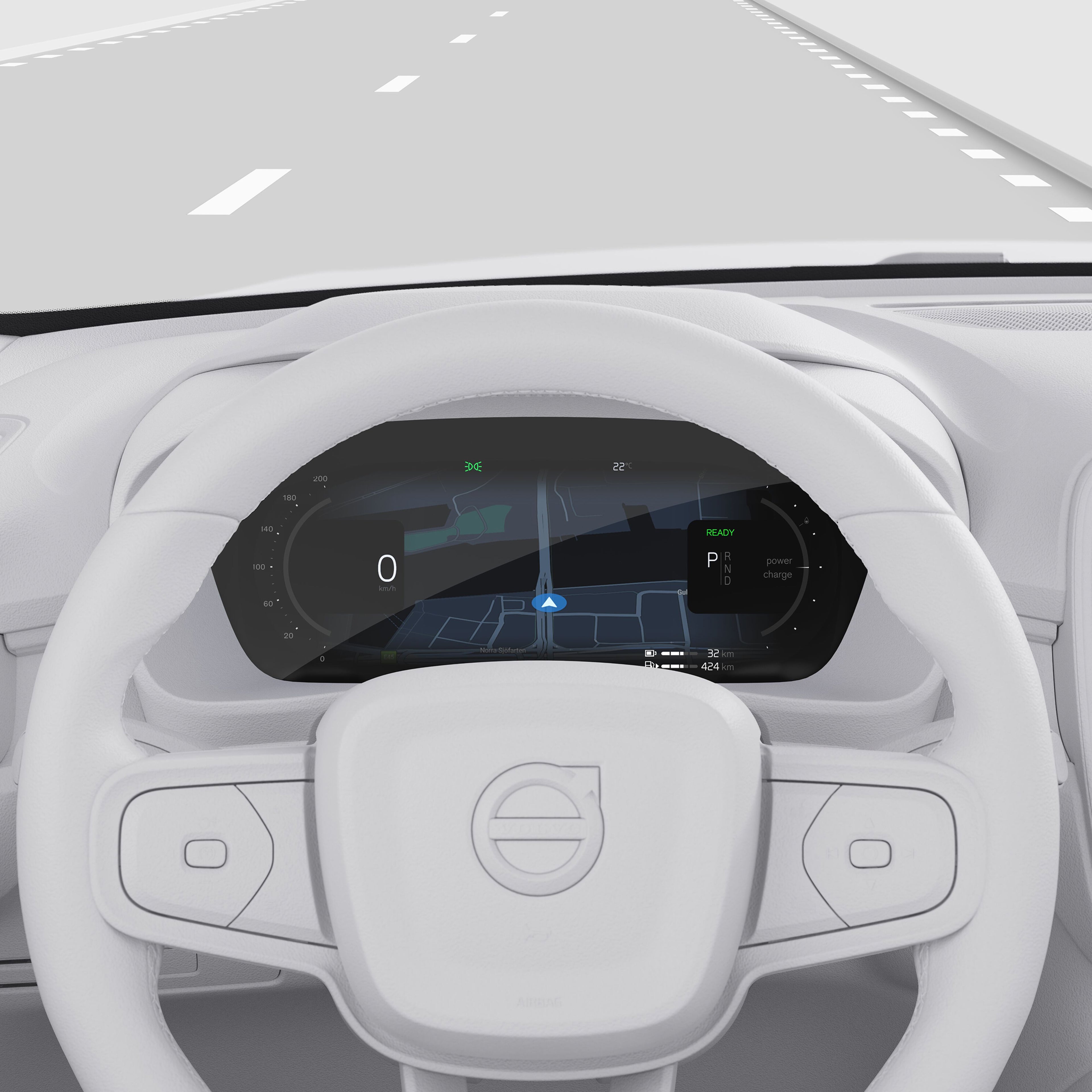 Zbliżenie na 12,3-calowy wyświetlacz centralny Volvo XC40 z ekranem głównym.