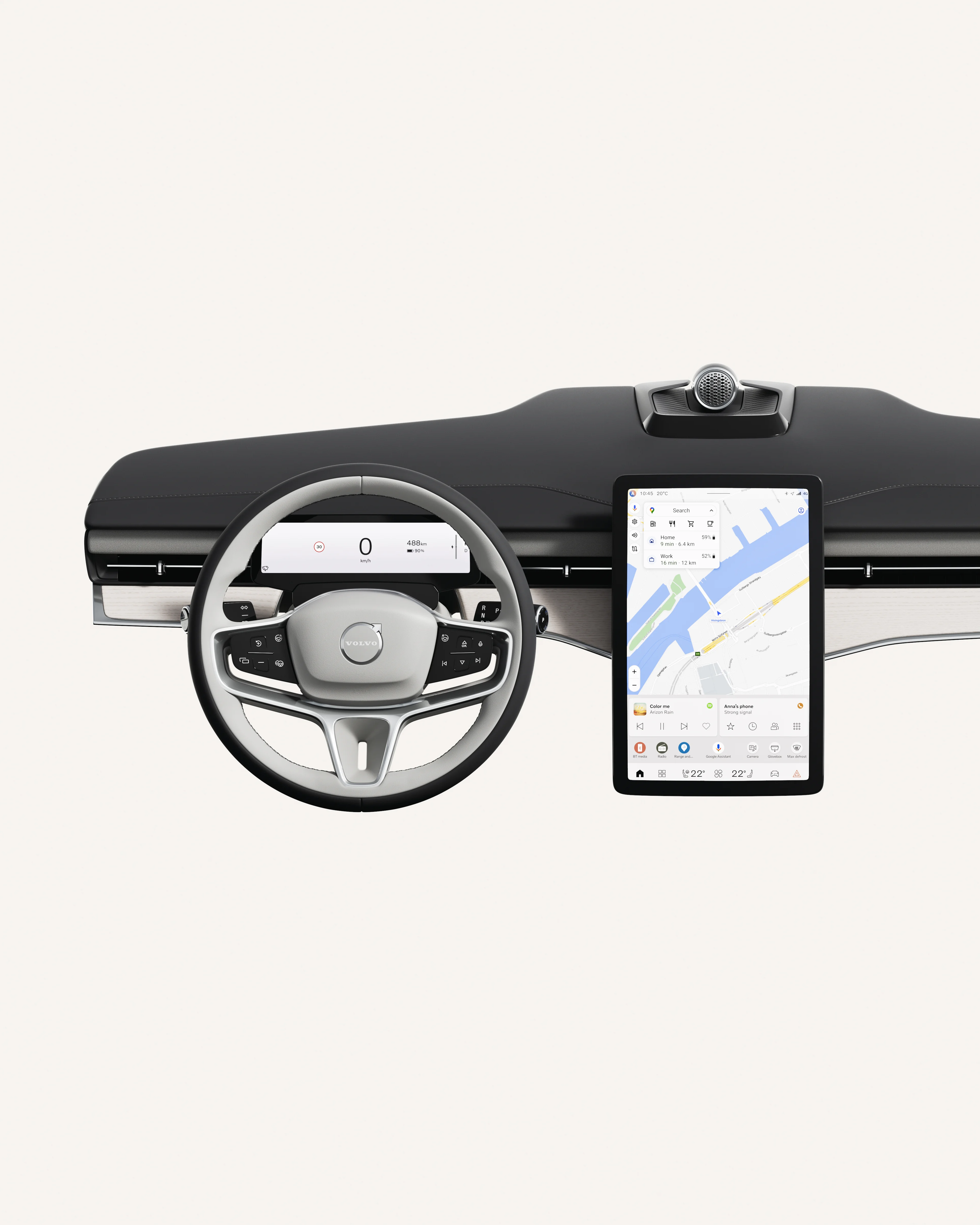 A Volvo ES90 műszerfala felülnézetből, a kormánykerékkel és az érintőképernyővel együtt.
