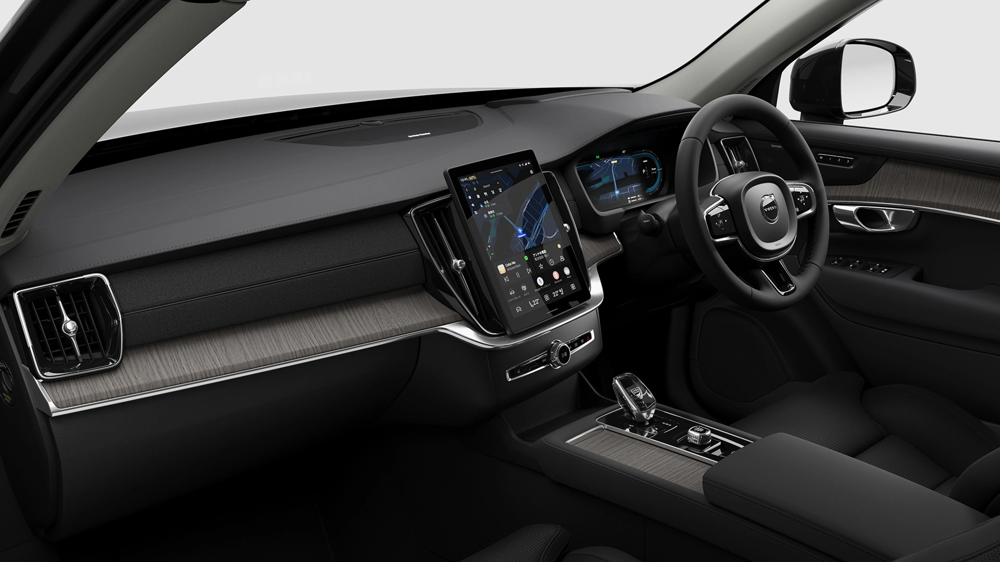 XC90 plug-in hybridのキャビンを前席から見たインテリア画像。