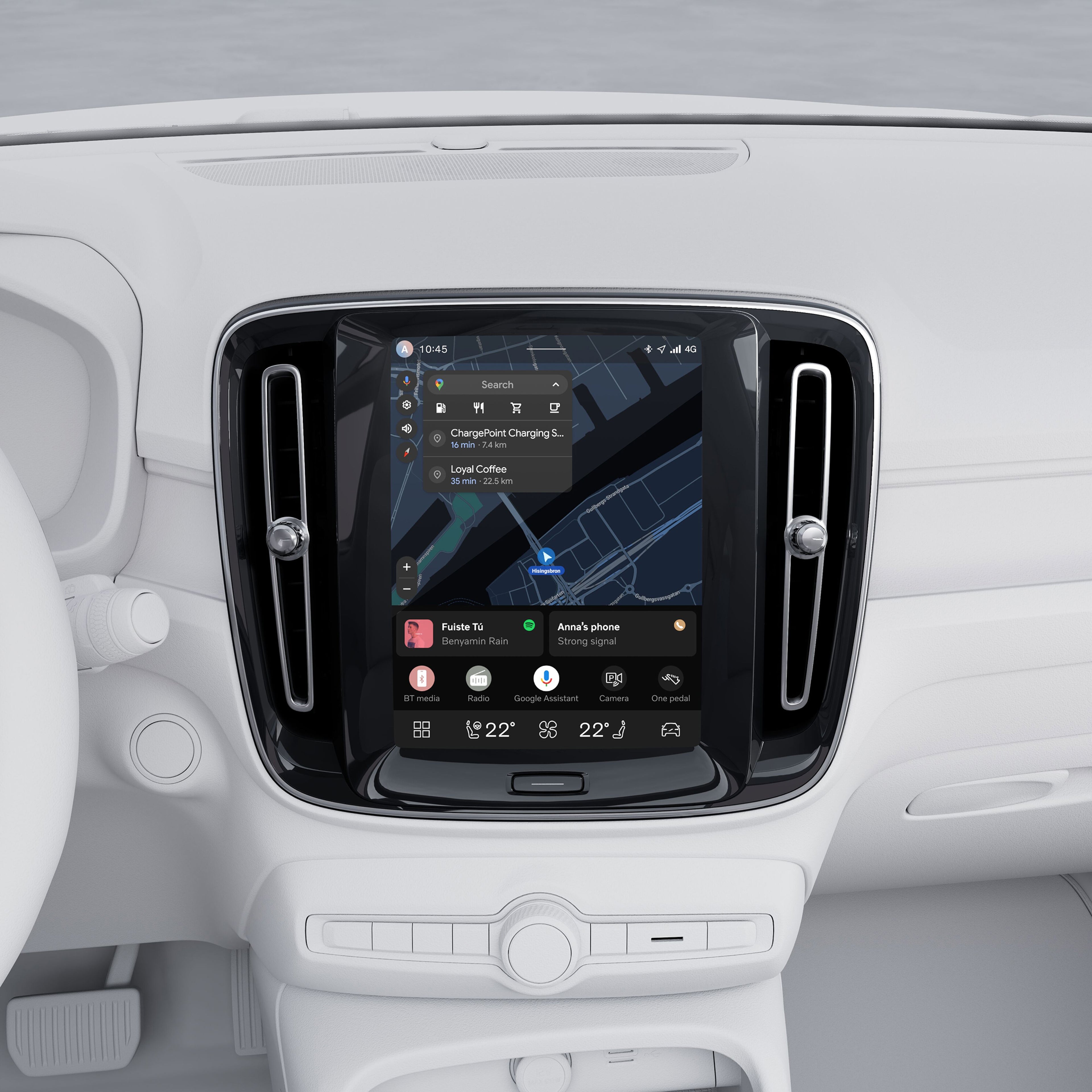 Nærbilde av Volvo EC40 9-tommers midtdisplay som viser startskjermen.