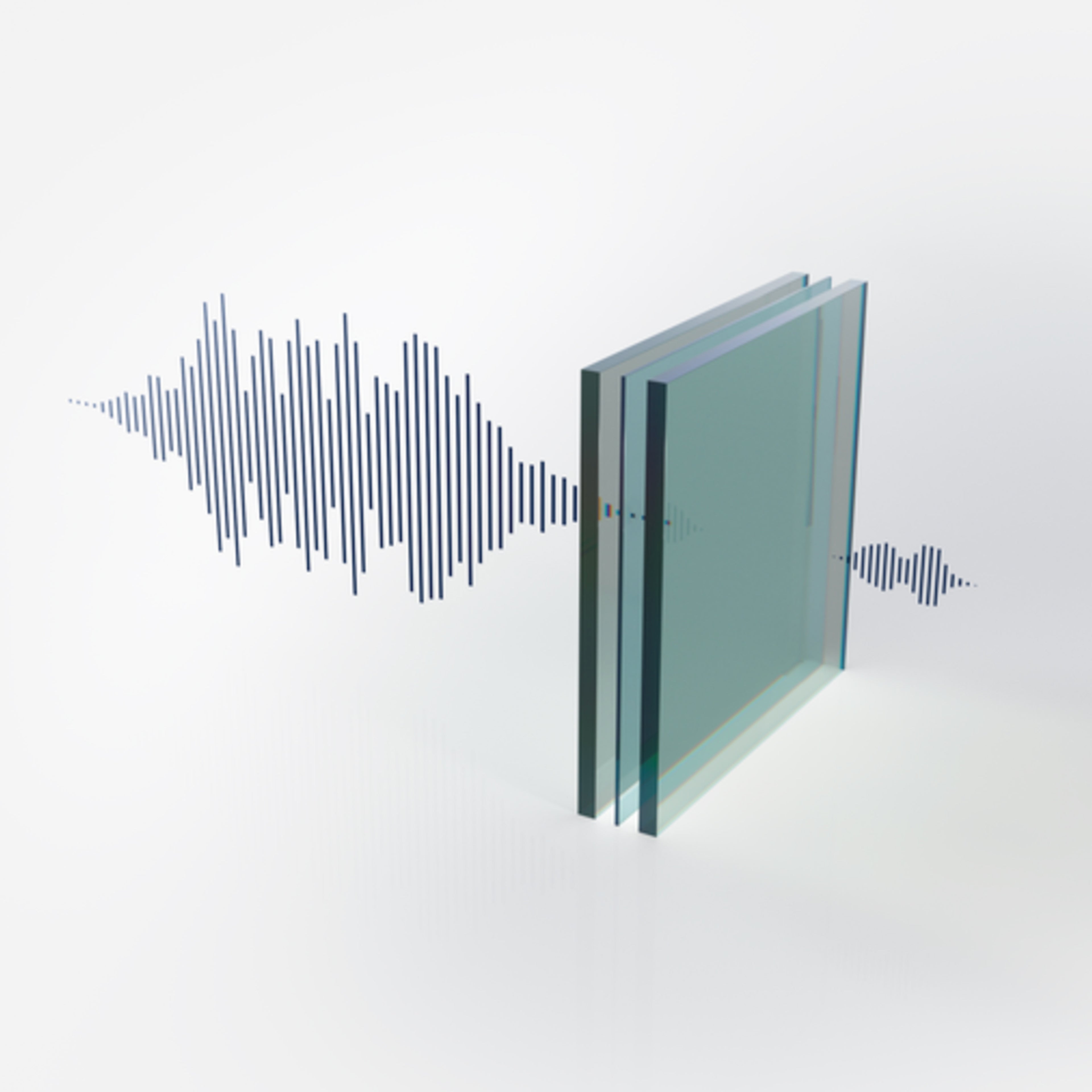 Illustration of Volvo EX90's laminated windows reducing sound waves for enhanced cabin quietness.