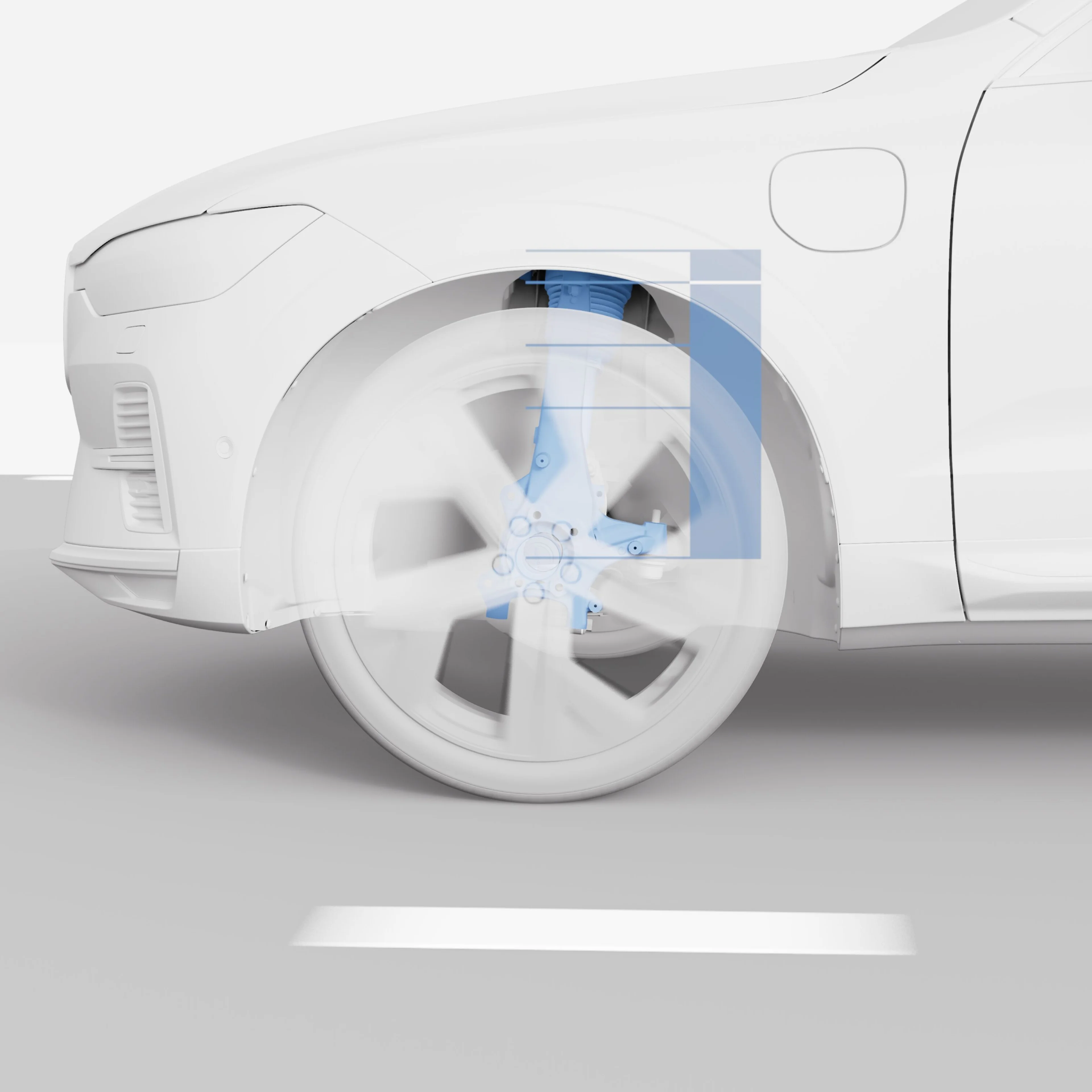 Imagine cu detaliu tehnic al suspensiei pneumatice și amortizoarelor pe un Volvo XC60 mild hybrid.