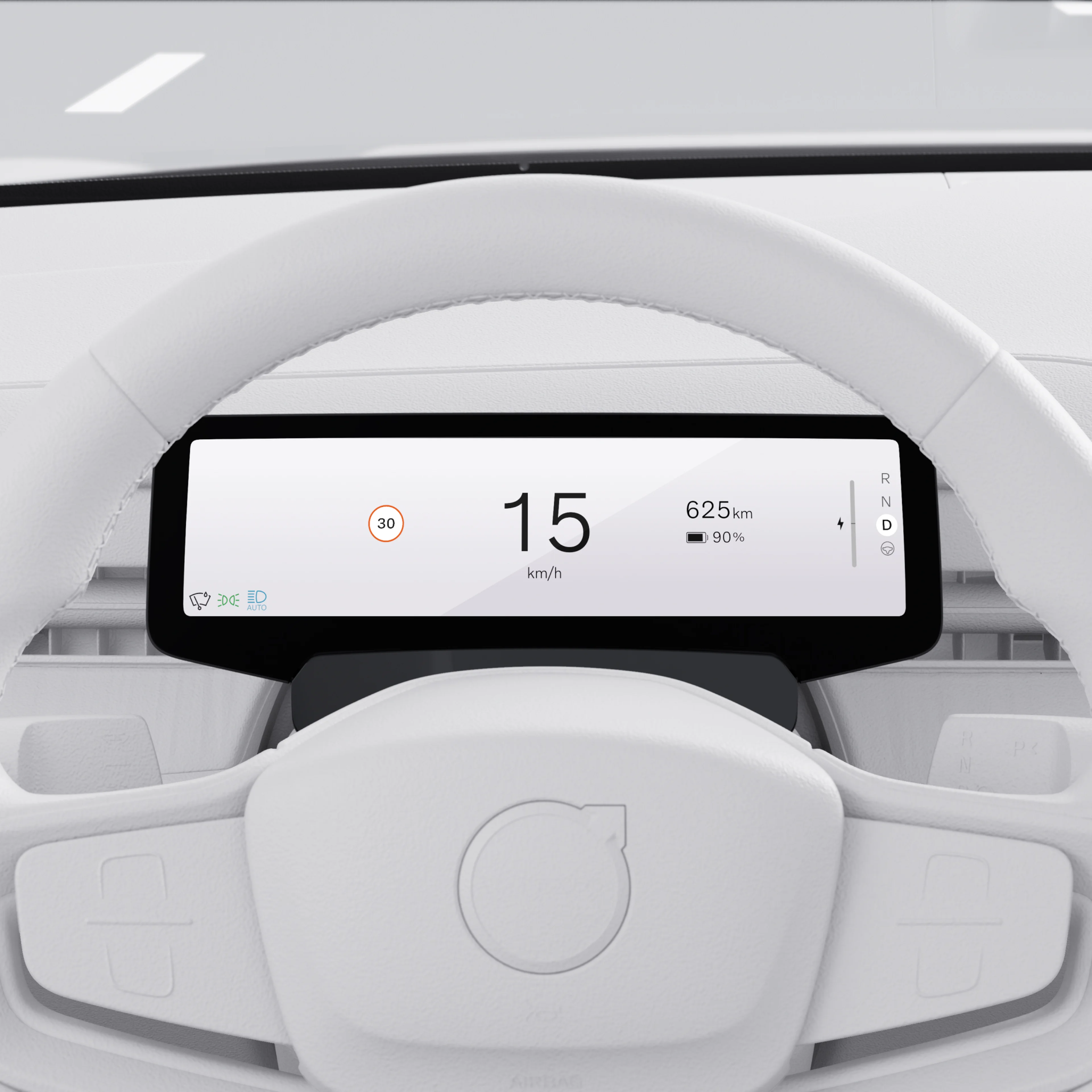 Das Fahrerdisplay im Volvo ES90 zeigt auf einen Blick Geschwindigkeit, Reichweite und Spurhalteassistent auf einem digitalen Bildschirm an.