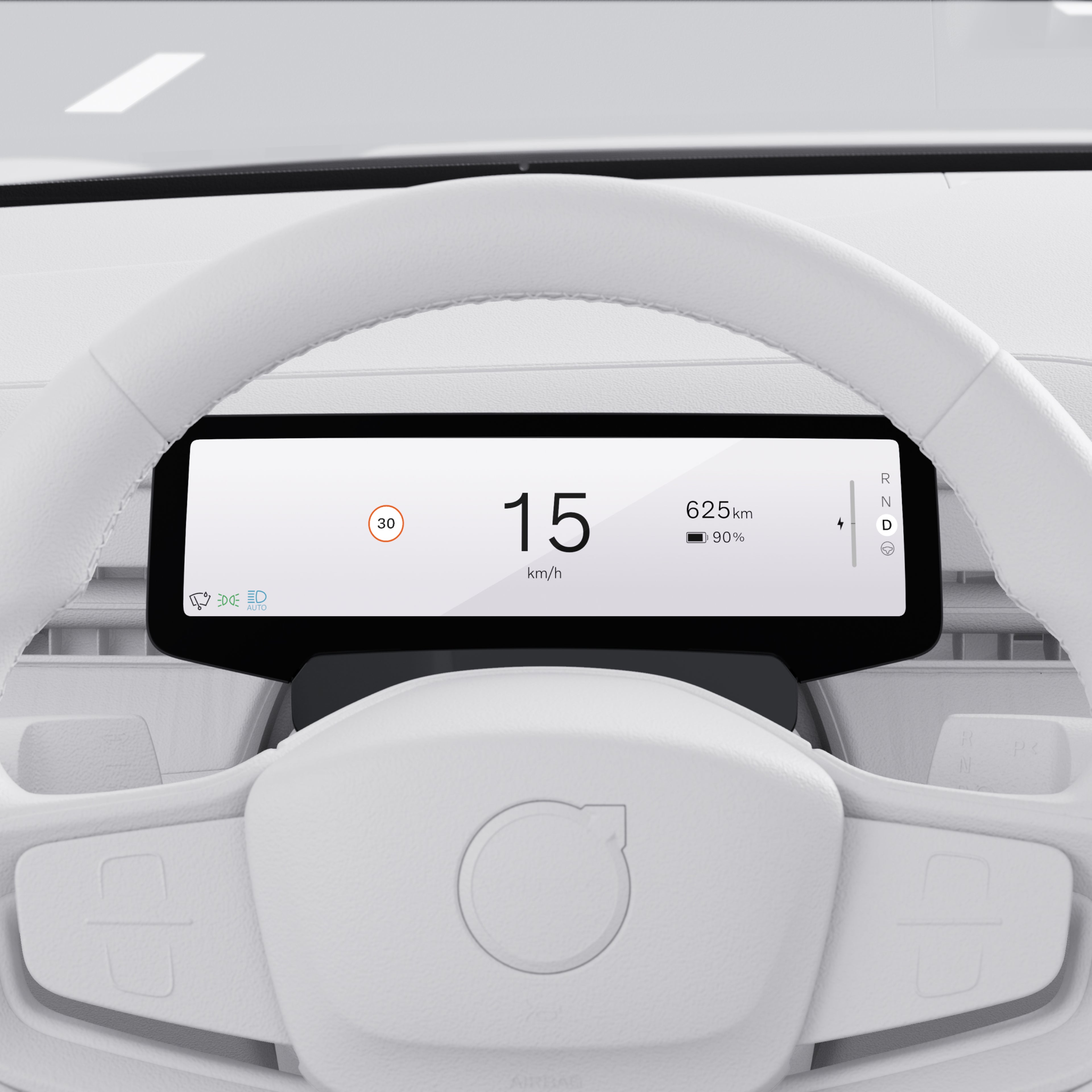 Het bestuurdersdisplay in de Volvo ES90 dat snelheid, actieradius en rijstrookassistentie op een digitaal scherm weergeeft.