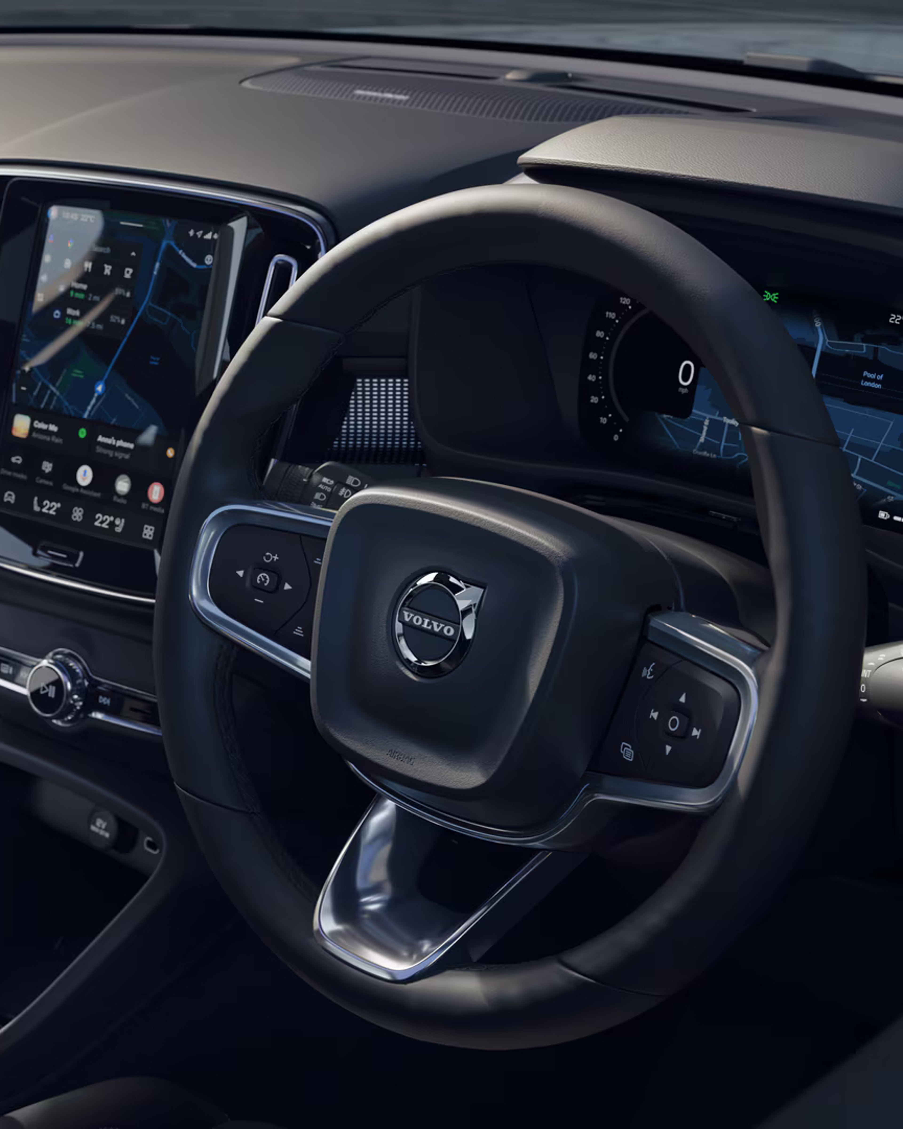 The cabin of the fully electric Volvo EX40 black edition