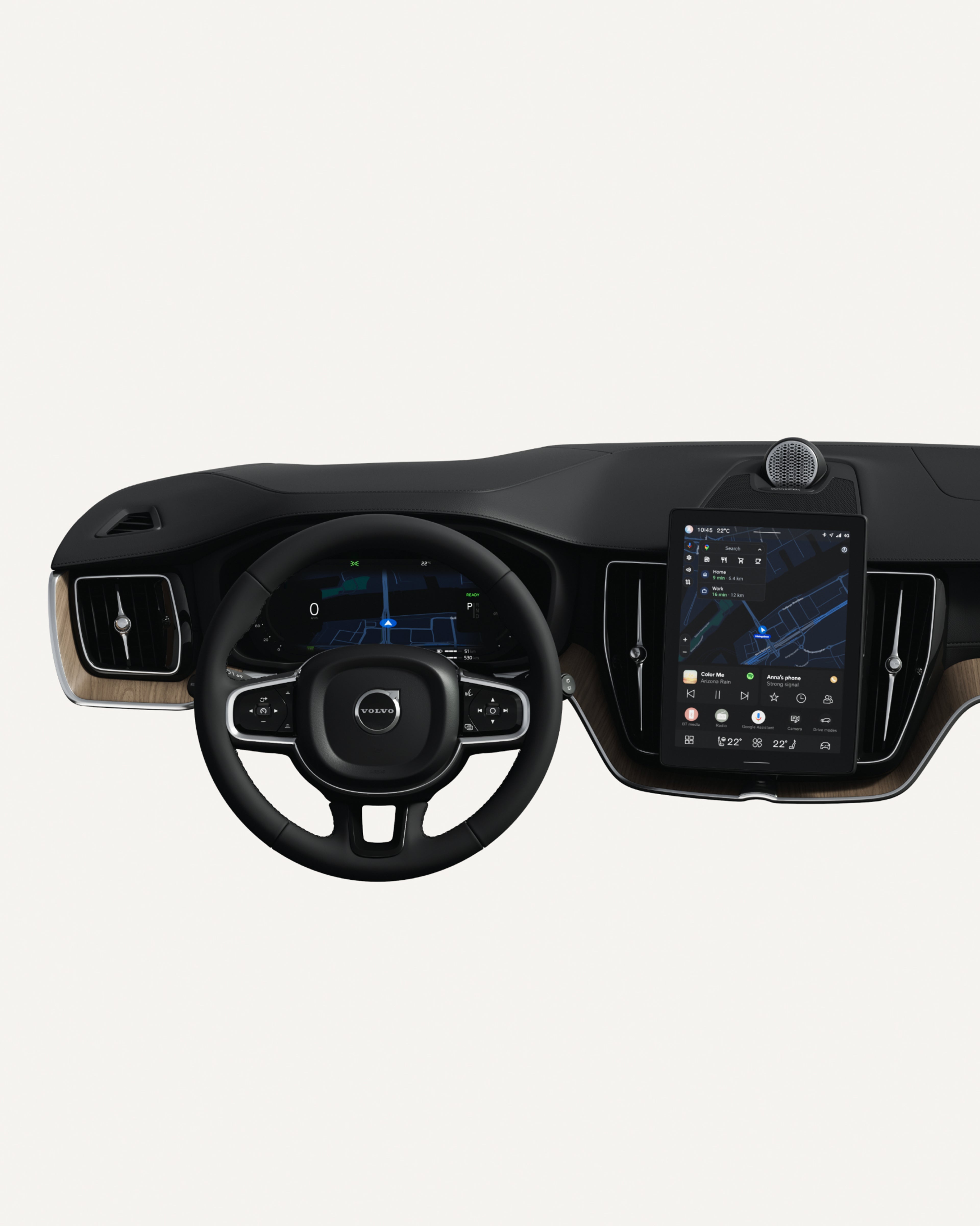 Vista superior del salpicadero del Volvo XC60, incluido el volante y la pantalla central táctil.