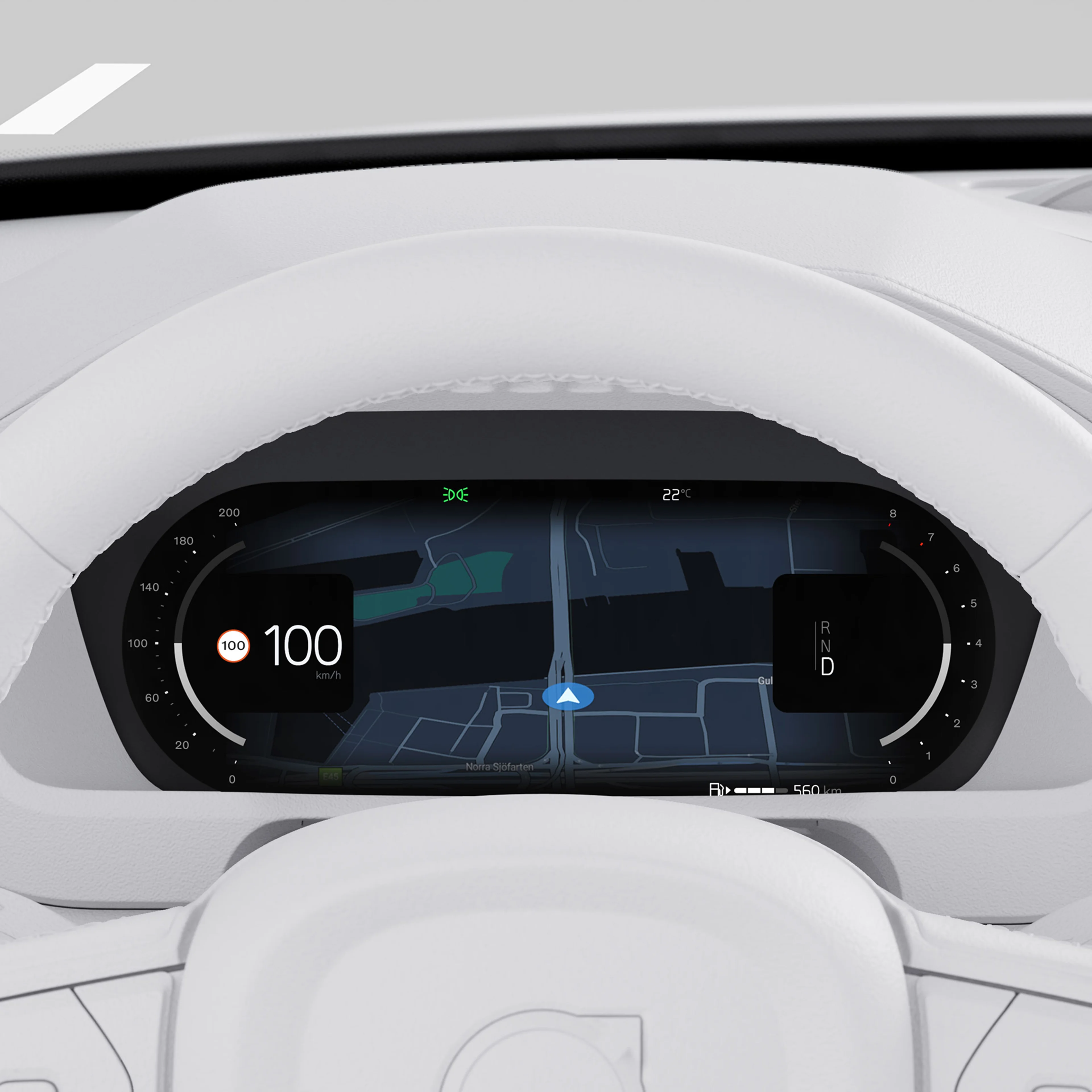 Close-up van het centrale display van de Volvo XC90, inclusief kaarten en mediabediening