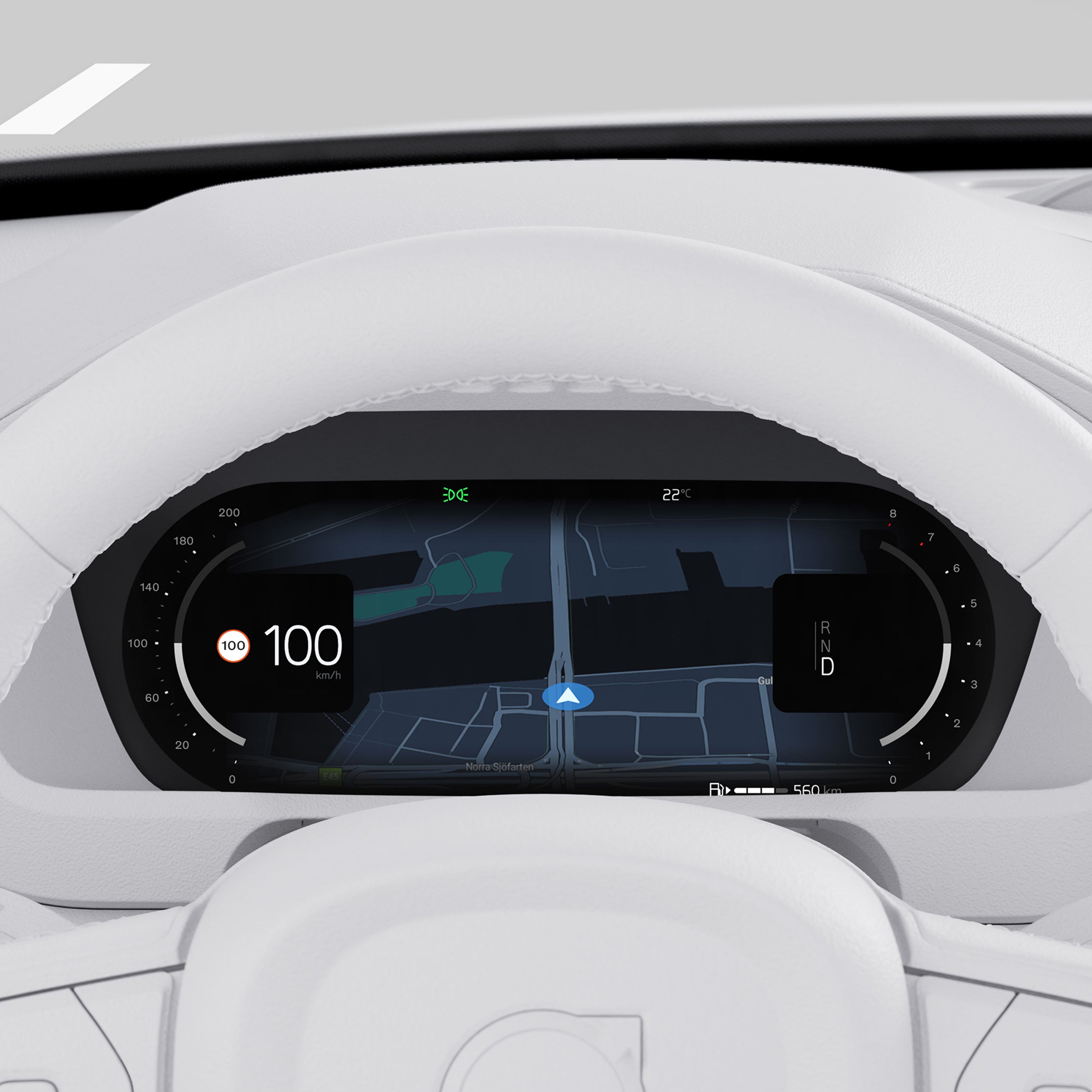 Close-up illustration of the Volvo XC90 center display, including maps and media controls