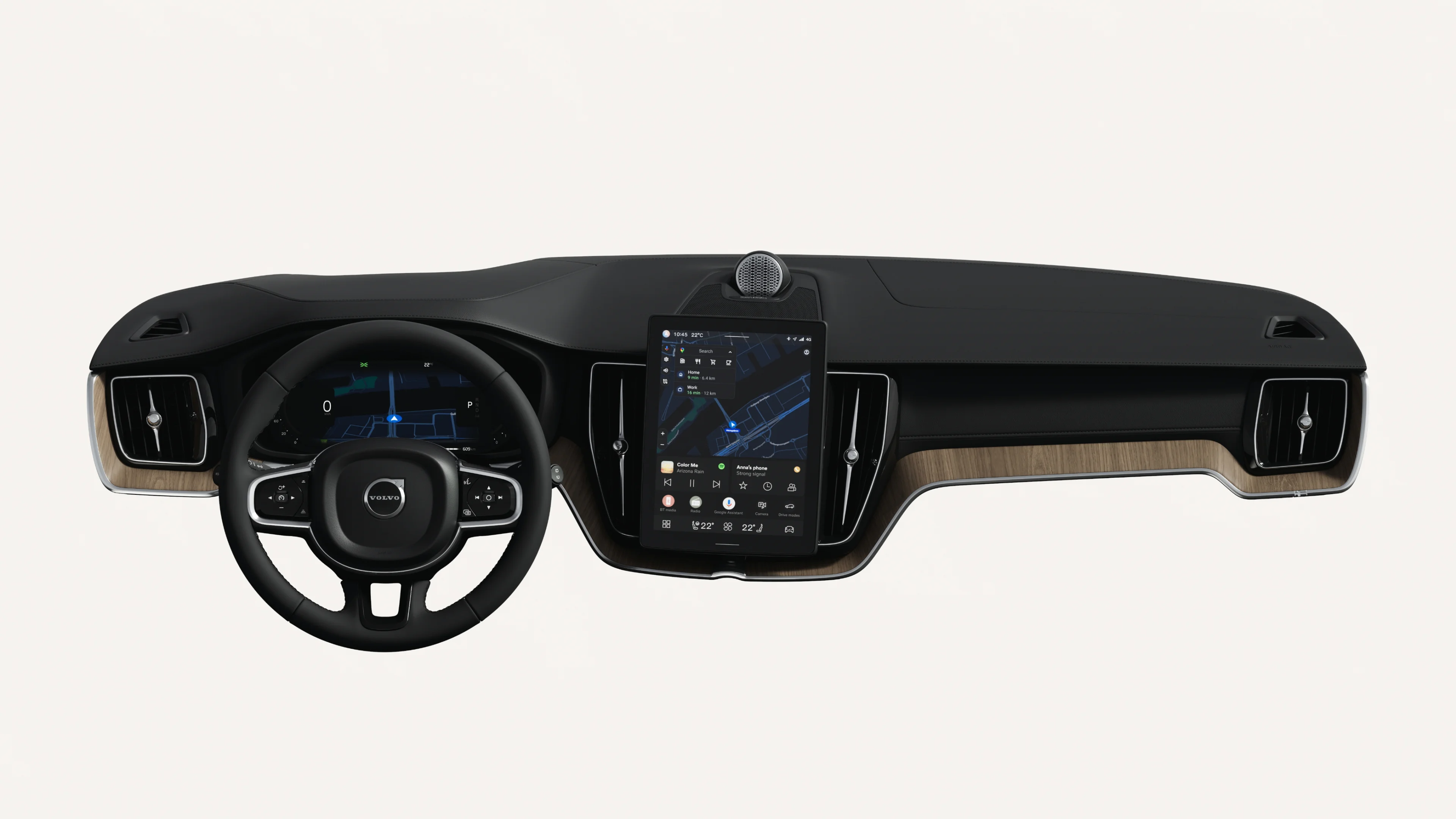Top-down view of the Volvo XC60 dashboard, including steering wheel and touchscreen centre display.