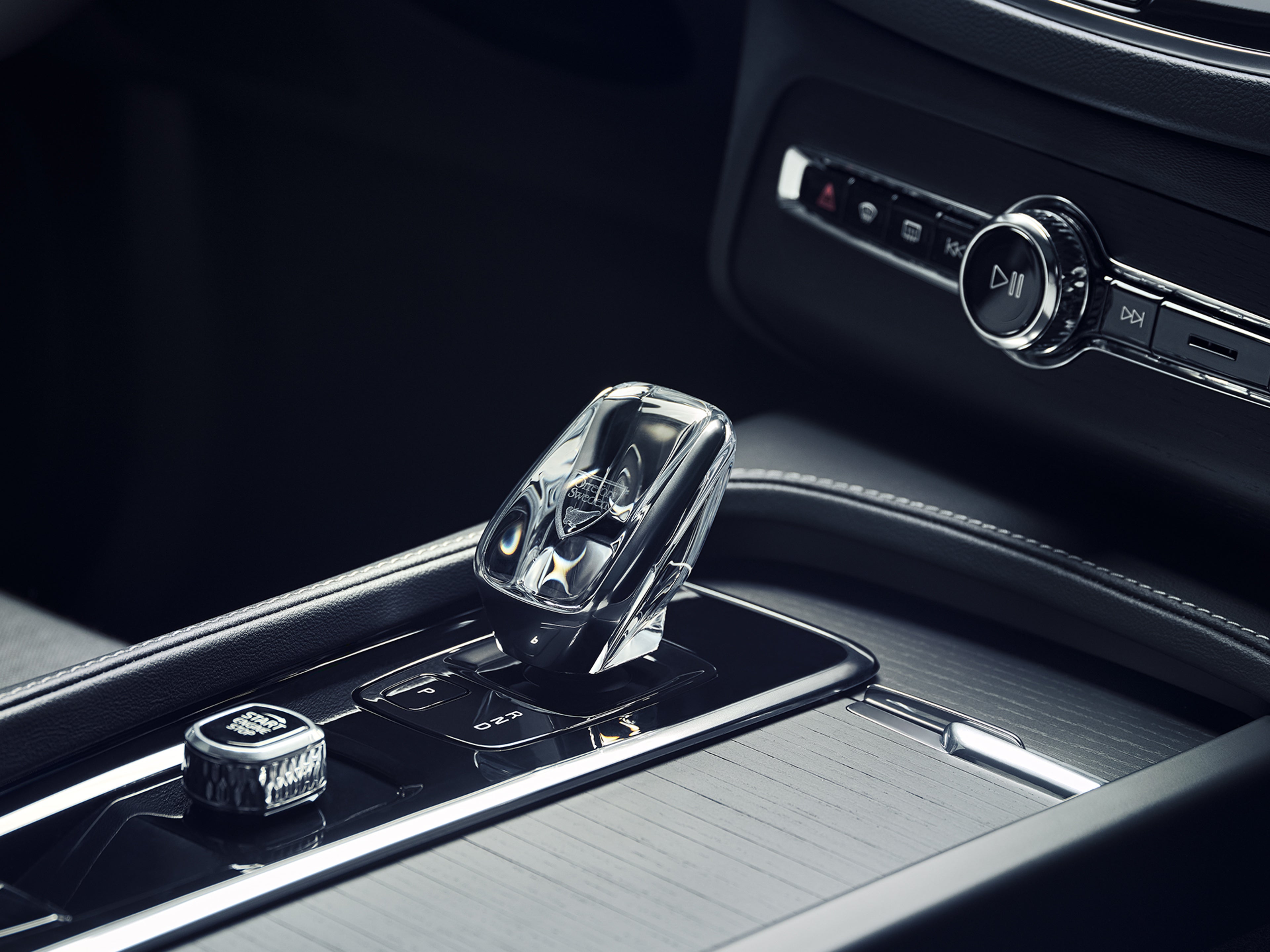 Inside a Volvo XC90 Recharge, a crystal gear shifter in genuine Swedish crystal from Orrefors.