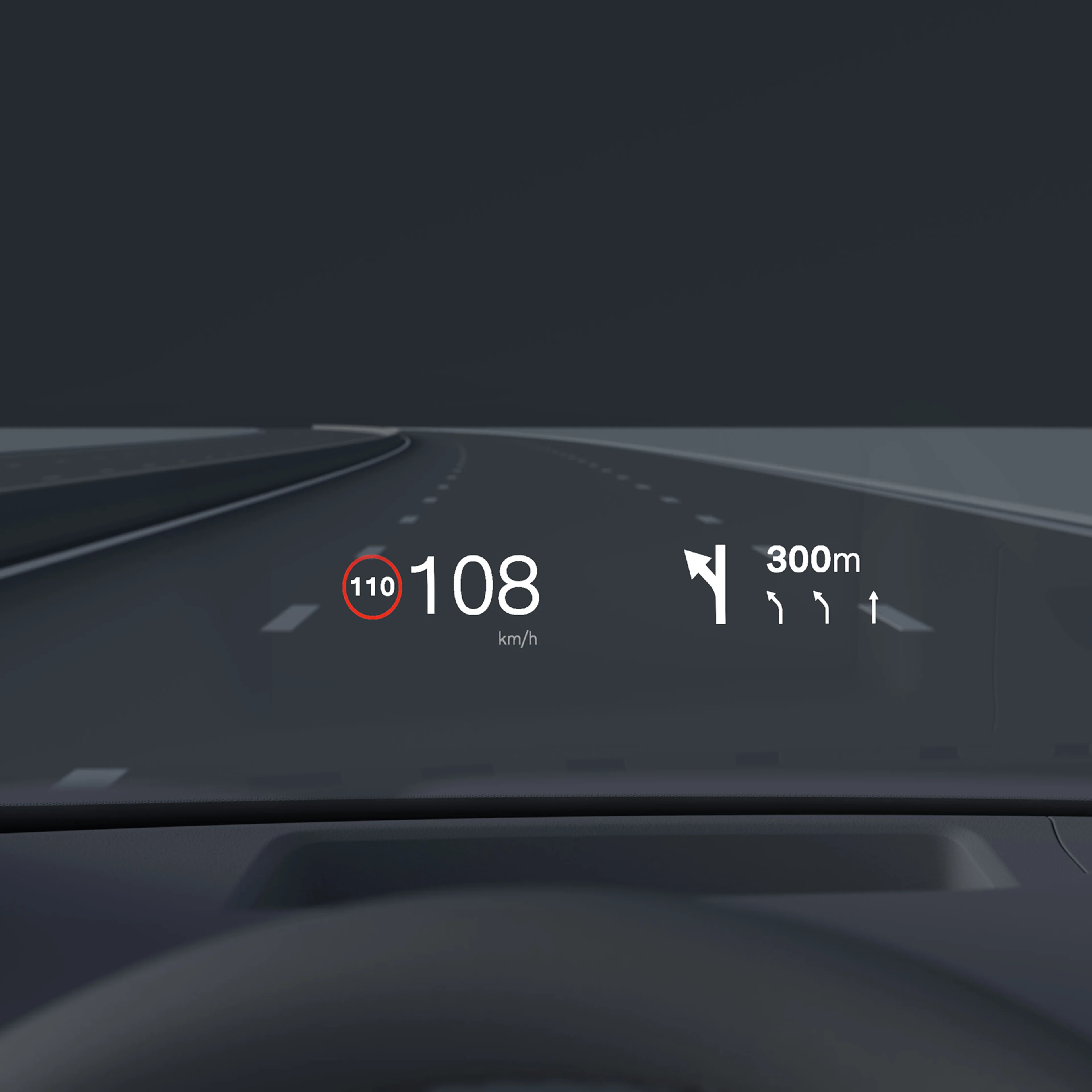 En närbild av den stora head up-displayen i Volvo EX90.