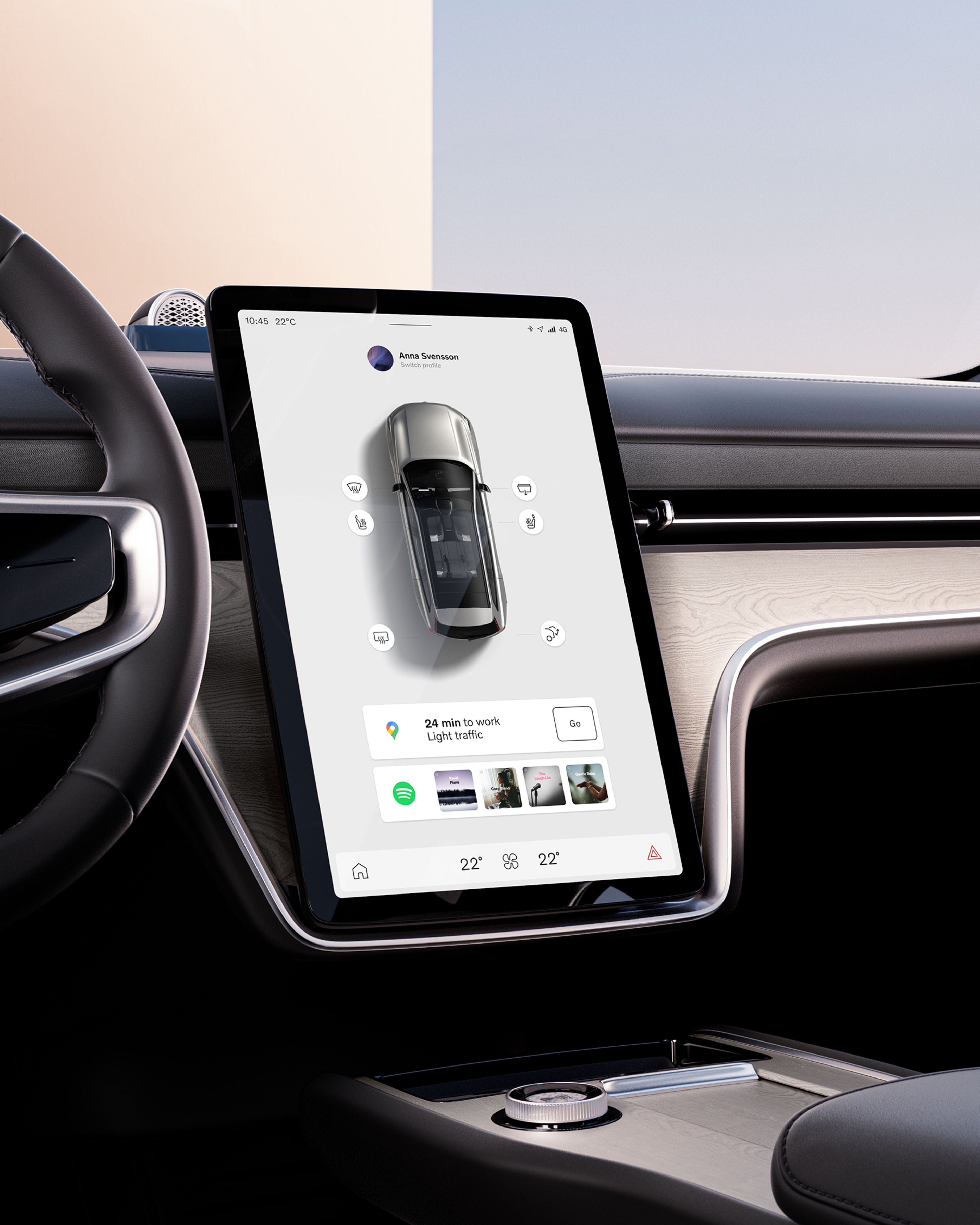 Centerdisplay som visar navigation och mediekontroller i Volvo EX90.