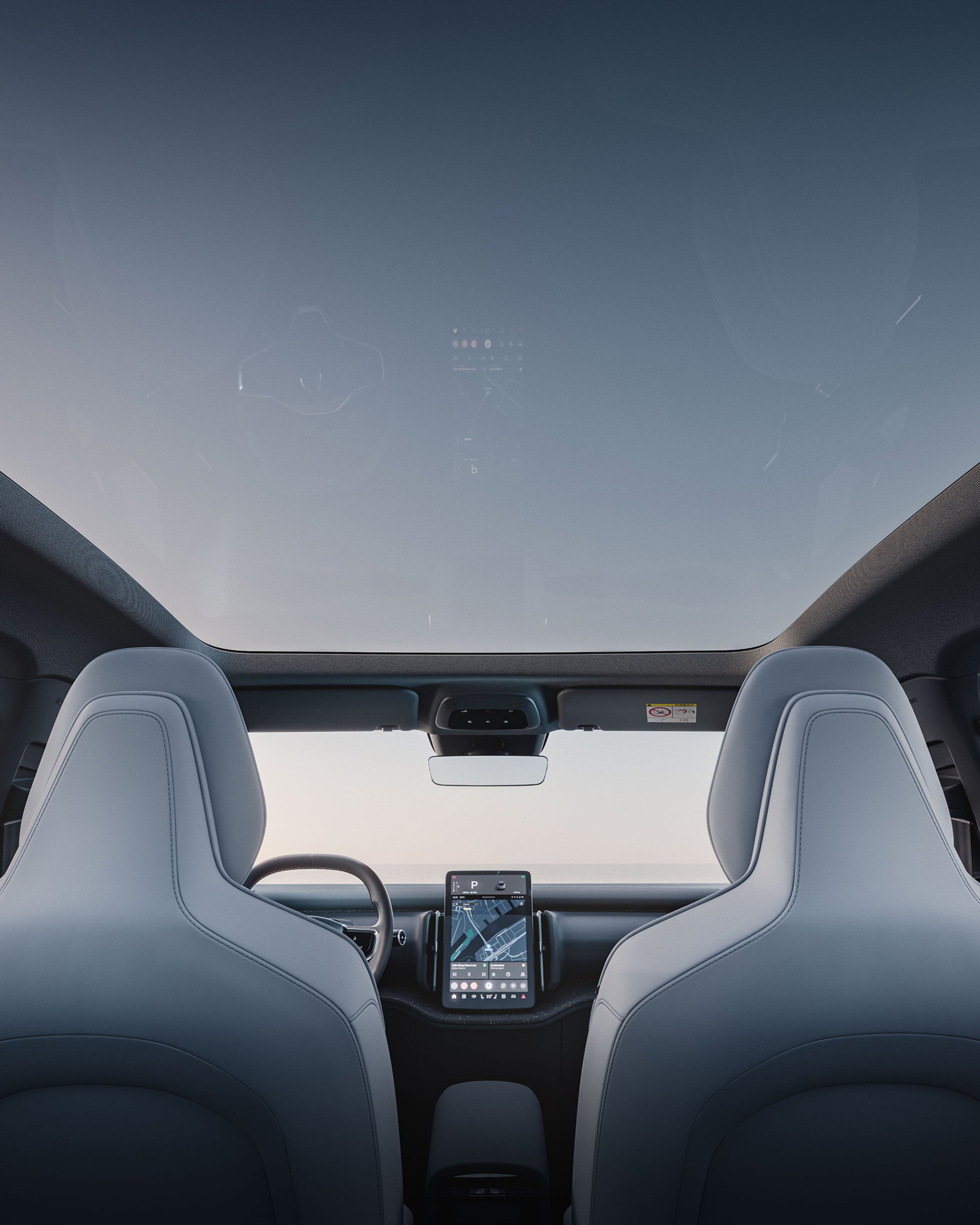 View from the rear seats of the Volvo EX30, showcasing the panoramic roof.