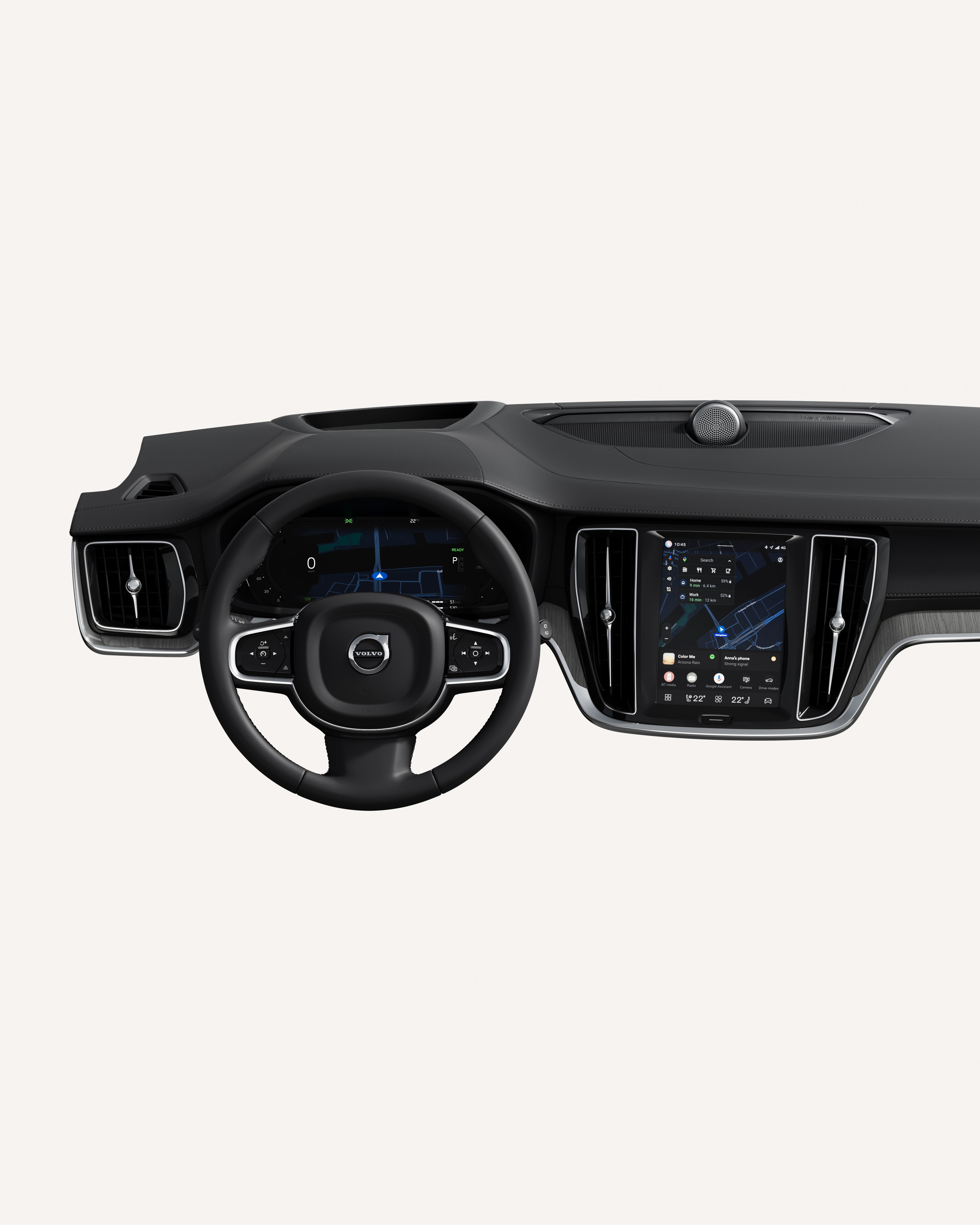 Binnenaanzicht van het dashboard van de Volvo V60, inclusief stuur en touchscreen.