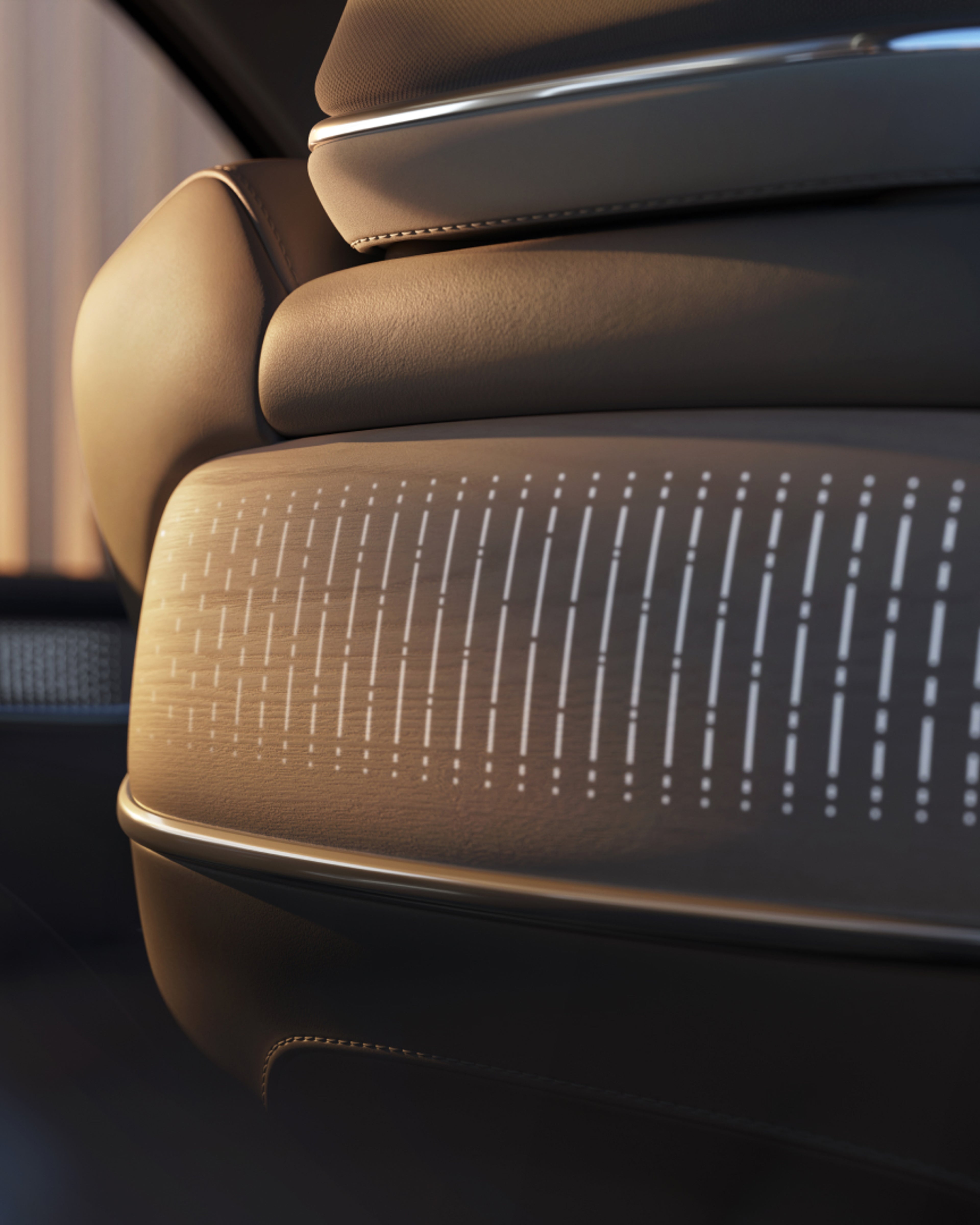 Close-up of the bamboo-inspired surface pattern featured on the wood décor panels in the Volvo EM90.