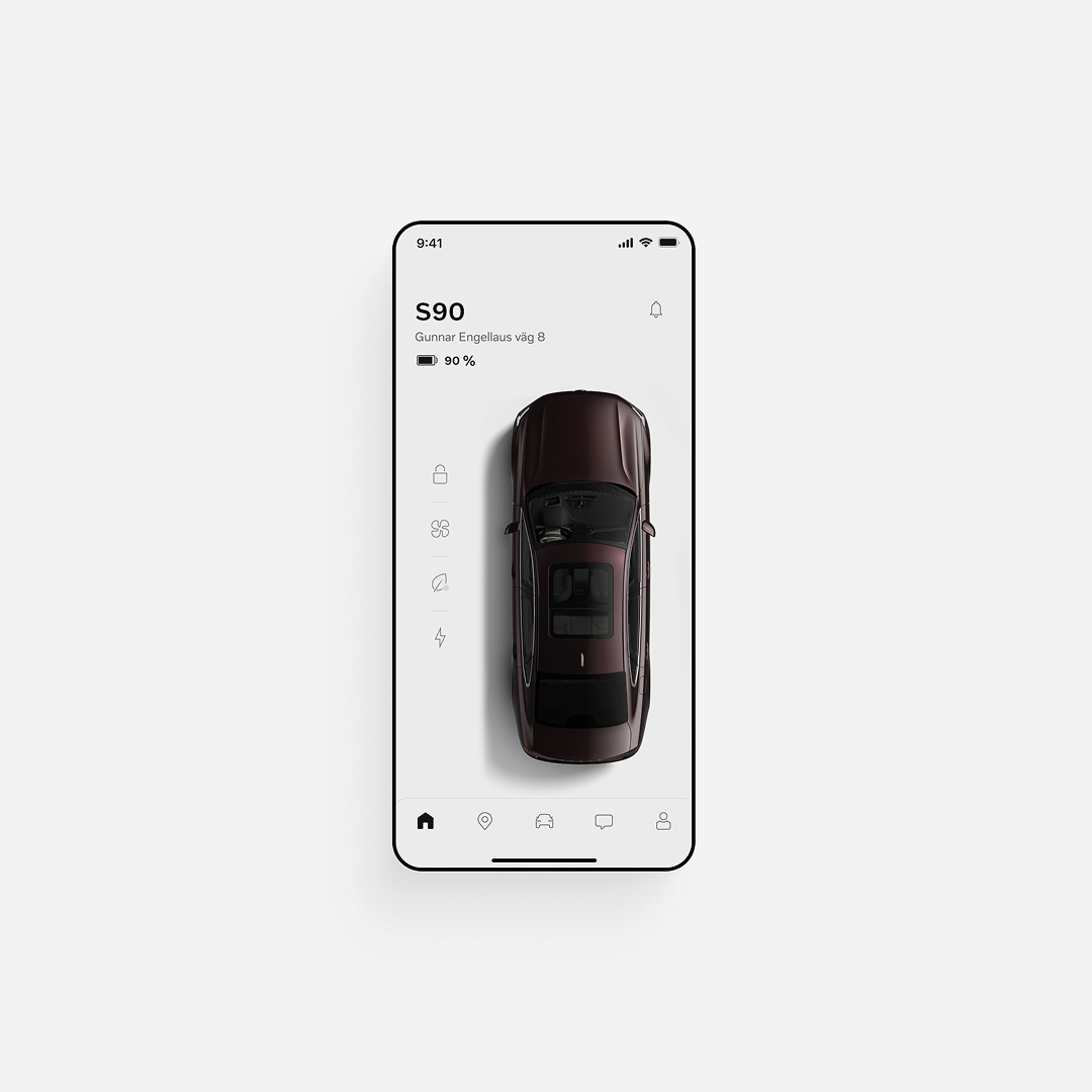 Illustration of a mobile phone screen displaying the Volvo S90 app.