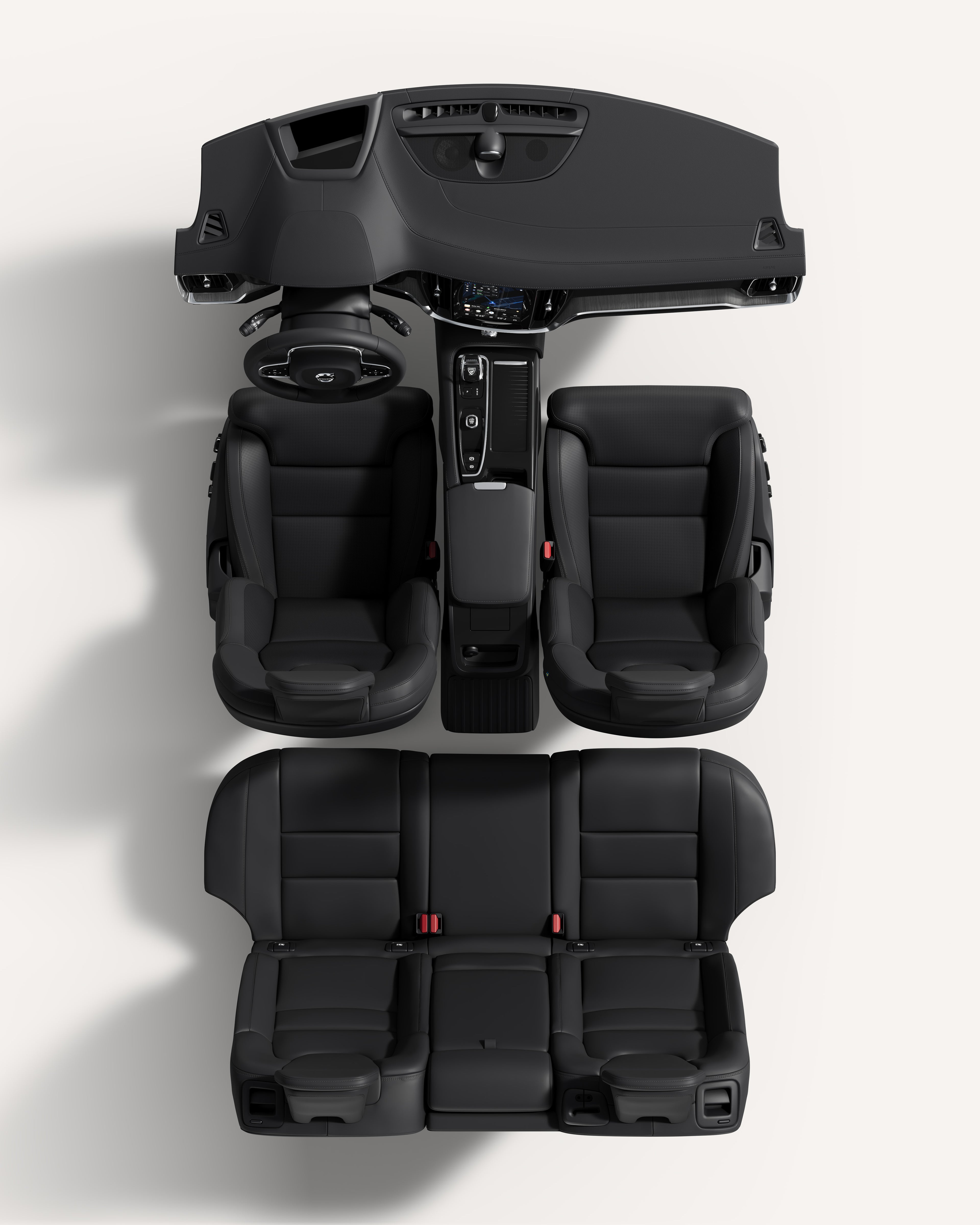 Bovenaanzicht van het interieur van de Volvo V60 met de stoelen en de middenconsole.