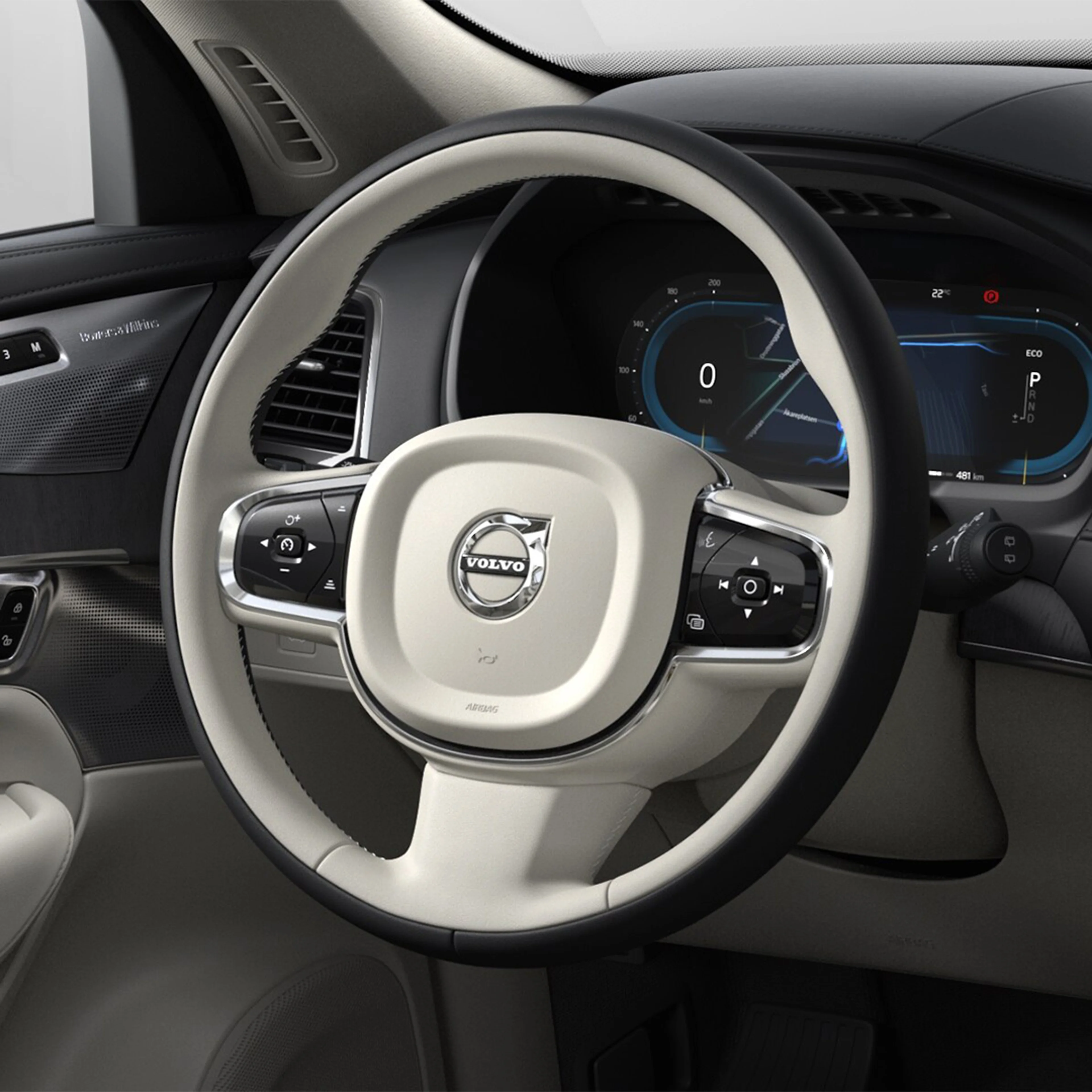 Volante, panel de instrumentos y puerta del lado del conductor en dos tonos de beige y negro en el SUV semihíbrido Volvo XC90.