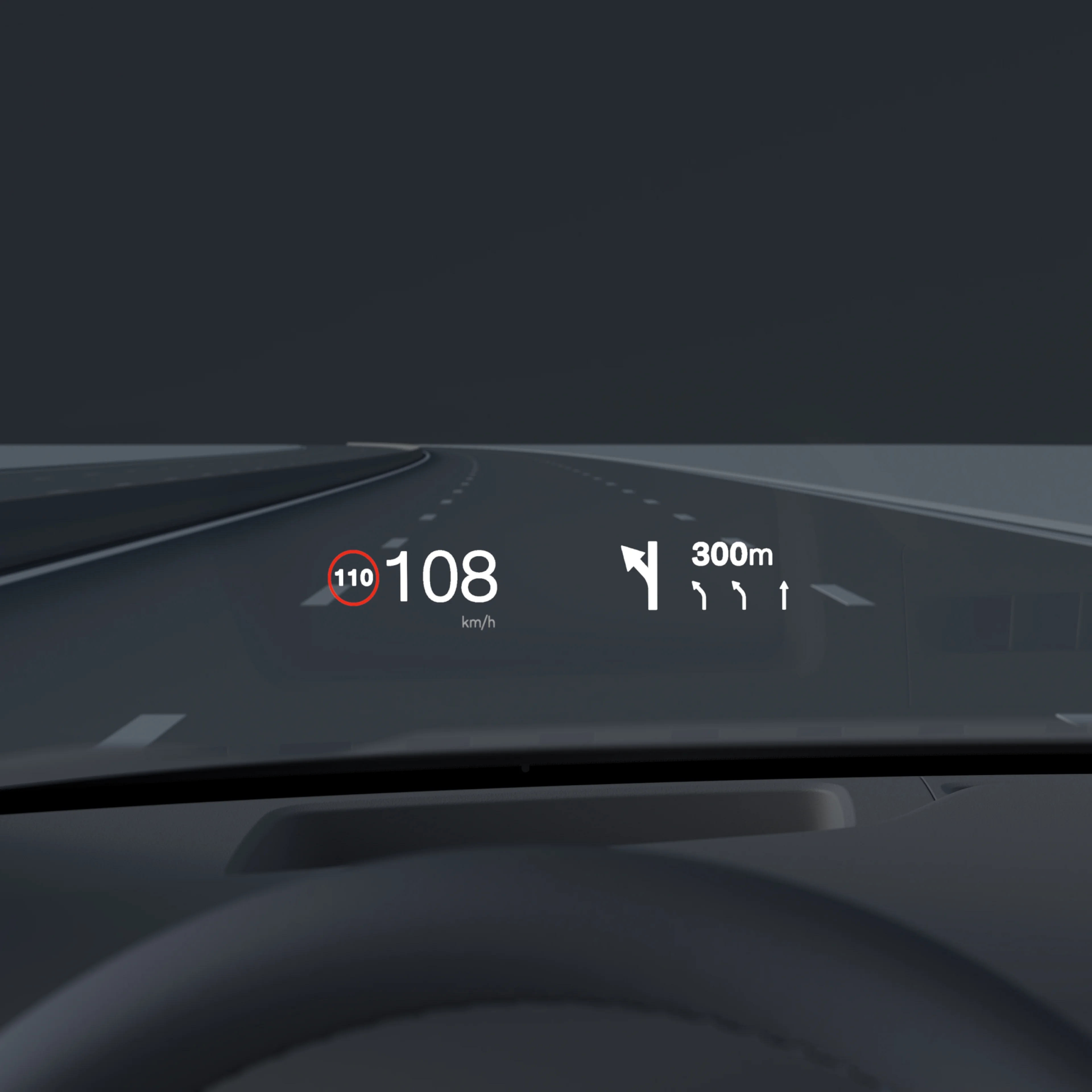 Das grosse Head-up-Display im Volvo ES90 zeigt Geschwindigkeitsbegrenzungen, Navigation und Fahrinformationen an.