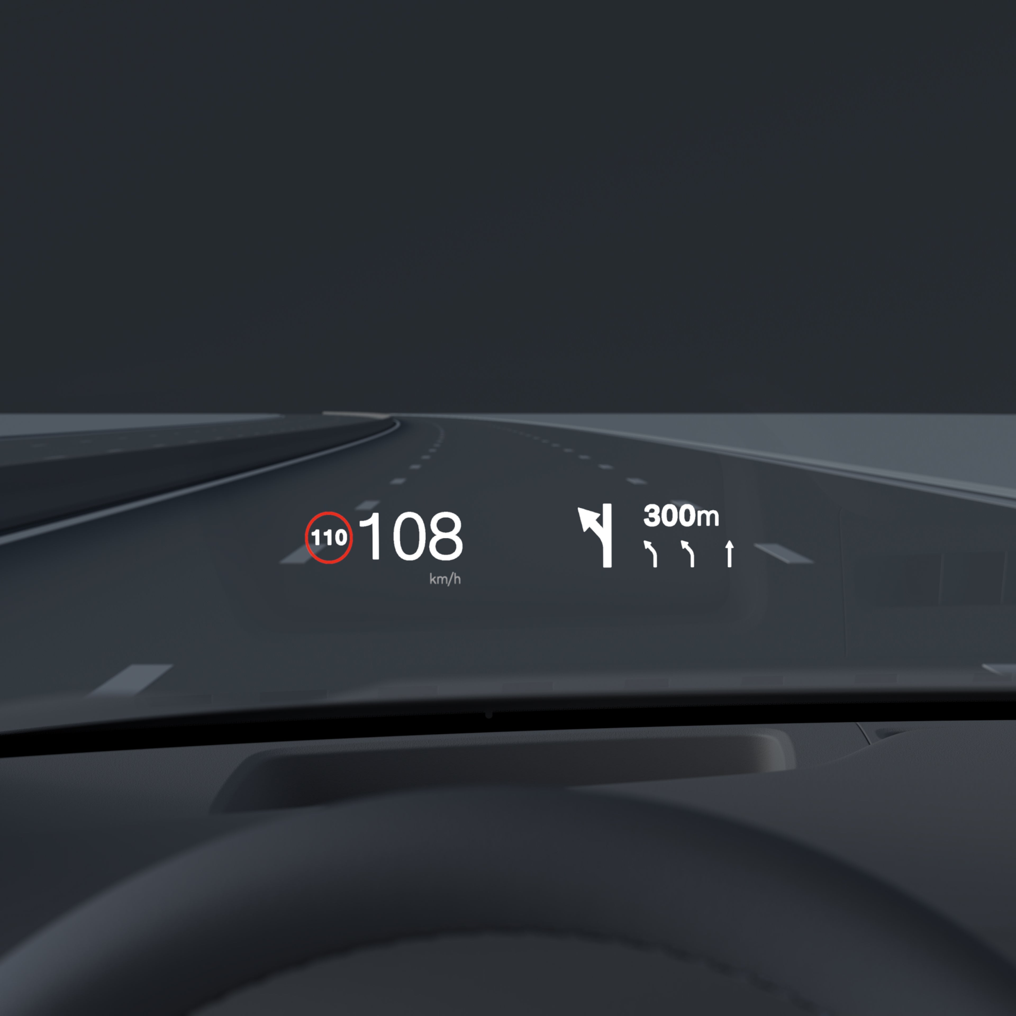 Het grote head-up display in de Volvo ES90 geeft snelheidslimieten, navigatie en rij-informatie weer.