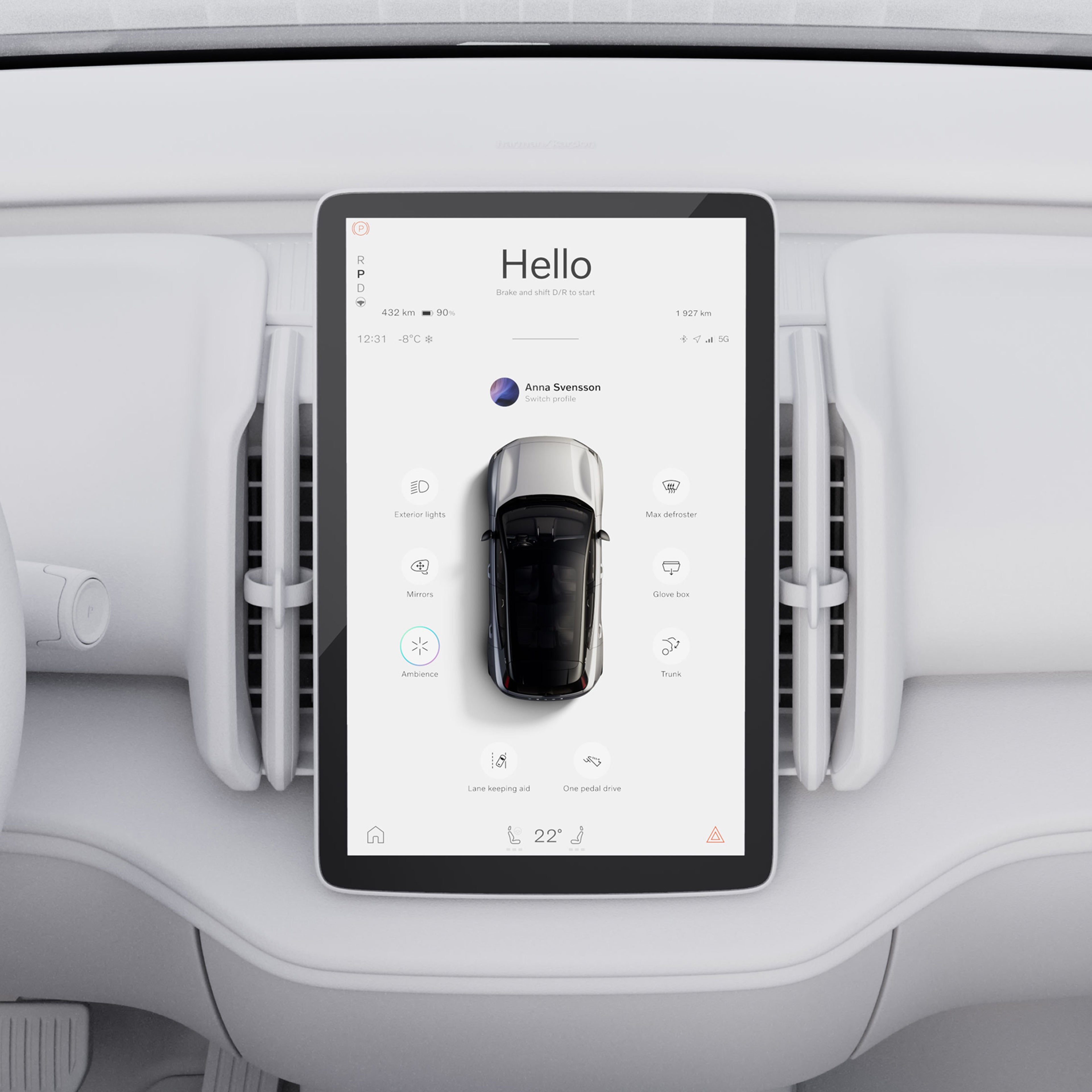Close-up illustration of the Volvo EX30 center display welcoming the driver.