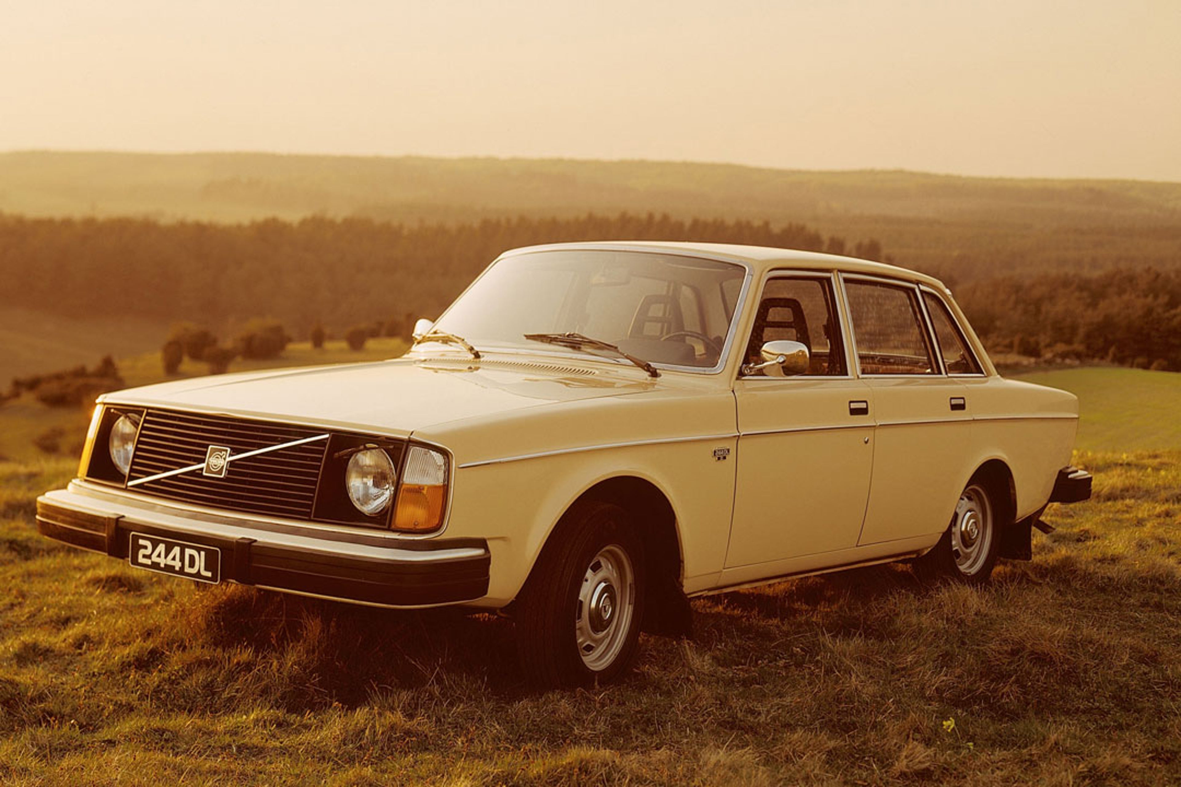 Un Volvo 244 en un prado con vistas al paisaje.